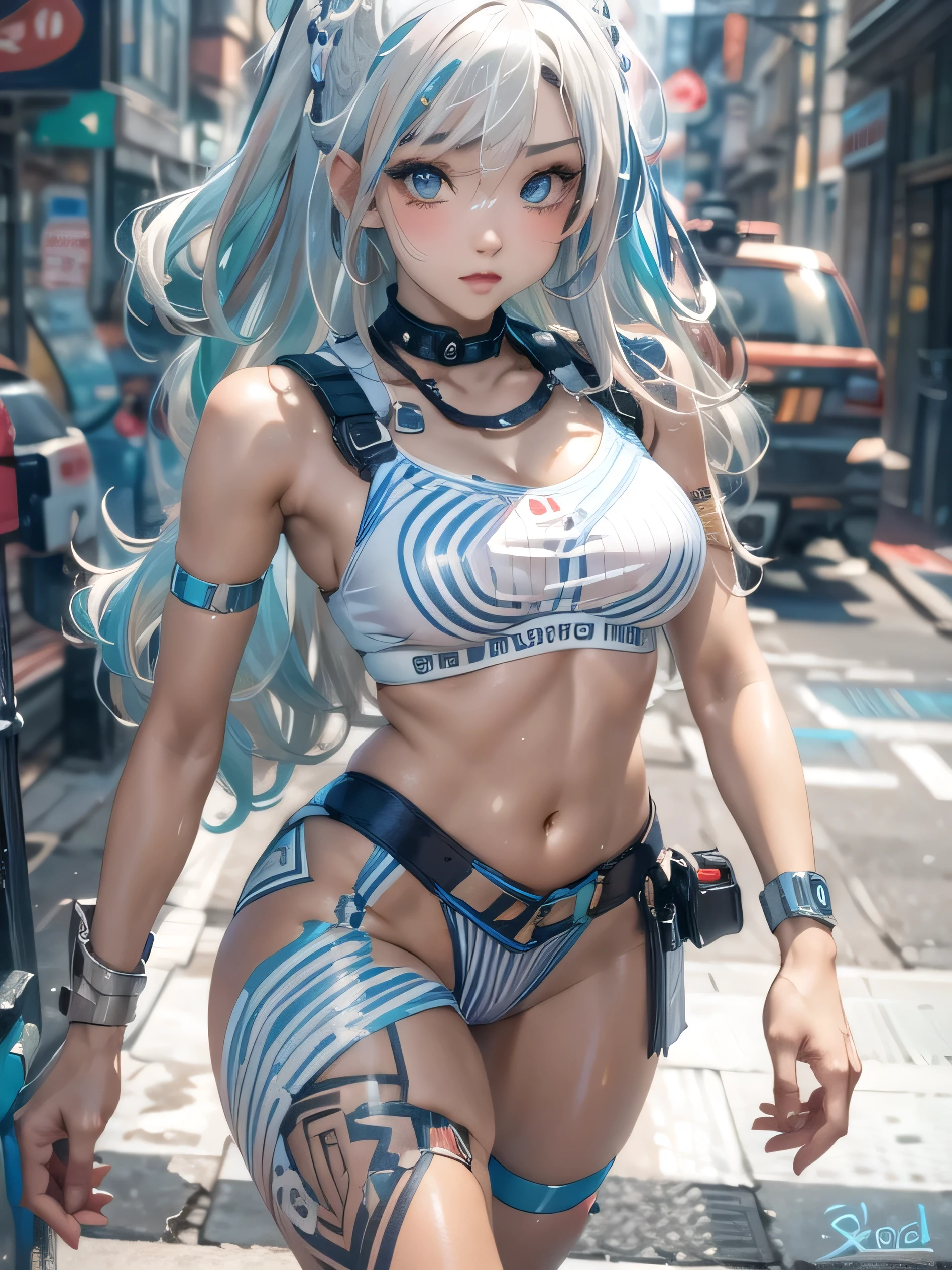 (photorealistic:1.8, highest quality:1.8,8K masterpiece:1.8,High resolution,muste piece:1.8,RAW Photos,cinematic lighting),No split screen, cyber punk、Back alley of the city at night、rain-soaked ground、vapor、
(1 android girl:1.3)、Completely naked、full body tattoo、choker、beautiful breasticro bikini、beautiful butt,beautiful thighs,plump nipples、Nipples are visible through the costume,cameltoe,Body painting with a pop design drawn all over the body、pop art design、cutting edge fashion、conceptual art、
(Beautiful shining blue-white hair:1.5)、Impassive
