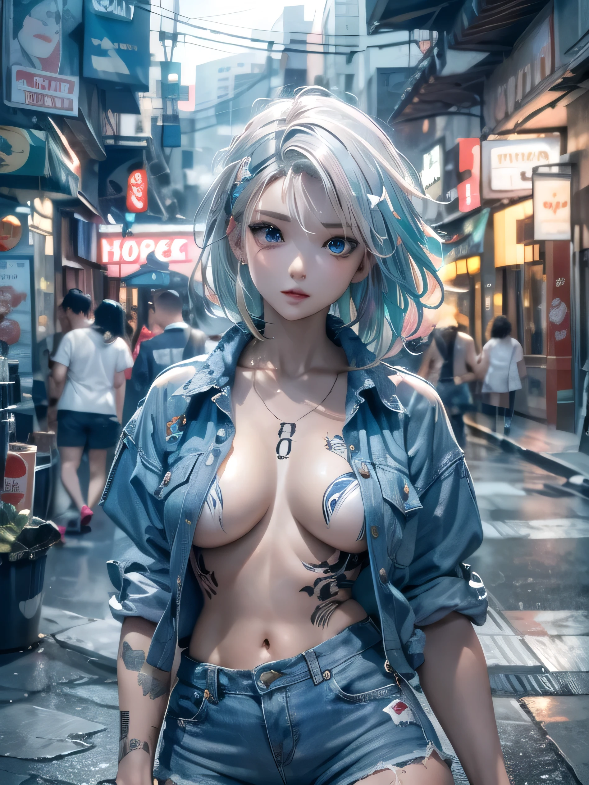 (photorealistic:1.8, highest quality:1.8,8K masterpiece:1.8,High resolution,muste piece:1.8,RAW Photos,cinematic lighting),No split screen, cyber punk、Back alley of the city at night、rain-soaked ground、vapor、
(1 android girl:1.3)、Completely naked、full body tattoo、choker、beautiful breasts、shirt、denim shorts、beautiful butt,beautiful thighs,plump nipples、Nipples are visible through the costume,cameltoe,Body painting with a pop design drawn all over the body、pop art design、cutting edge fashion、conceptual art、
(Beautiful shining blue-white hair:1.5)、Stoic