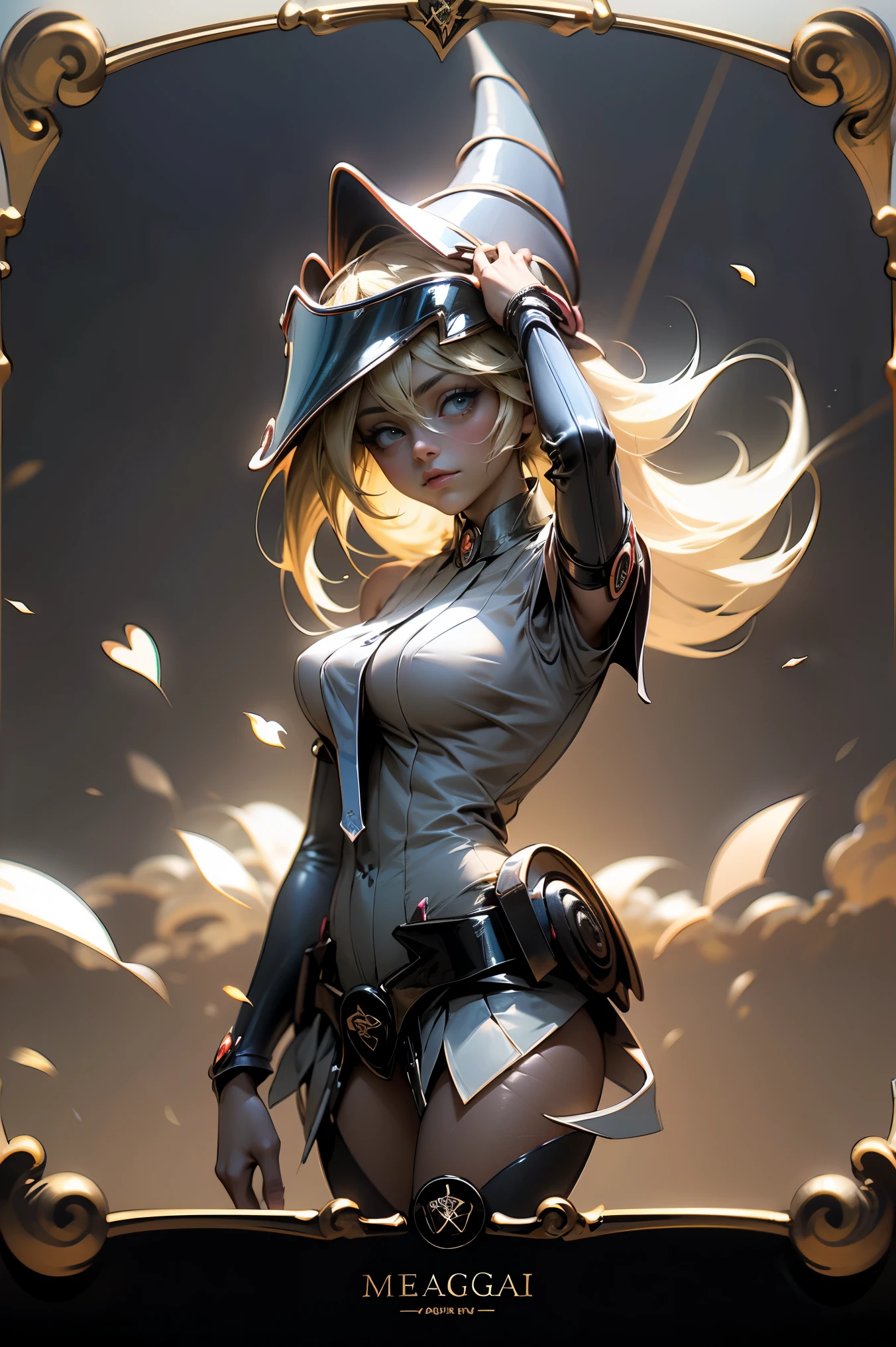 (Obra maestra:1.2), (La mejor calidad:1.2), perfect lighting, Chica Maga Oscura lanzando un hechizo, flotando en el aire, tetas grandes, escote, fondo de magia. Corazones transparente en el hambiente, bata azul, sombrero grande, desde arriba, Destellos, Yugioh Card en el fondo