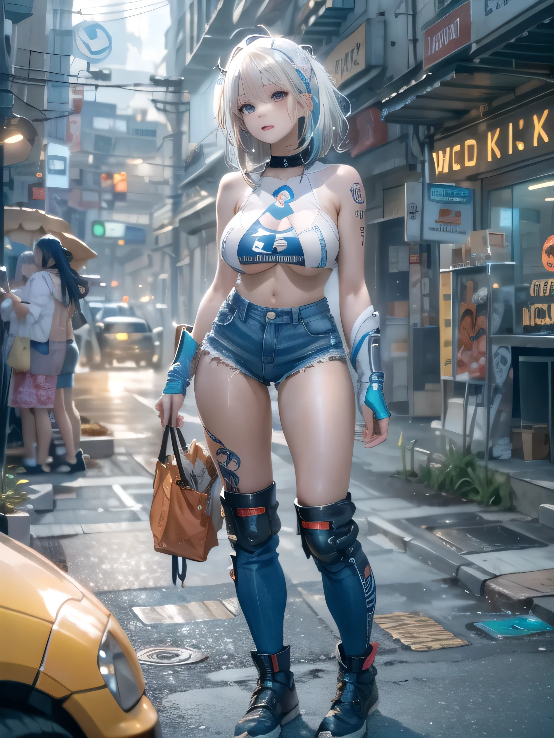 (photorealistic:1.8, highest quality:1.8,8K masterpiece:1.8,High resolution,muste piece:1.8,RAW Photos,cinematic lighting),No split screen, cyber punk、Back alley of the city at night、rain-soaked ground、vapor、
(1 android girl:1.3)、Completely naked、full body tattoo、choker、beautiful breasts、shirt、denim shorts、beautiful butt,beautiful thighs,plump nipples、Nipples are visible through the costume,cameltoe,Body painting with a pop design drawn all over the body、pop art design、cutting edge fashion、conceptual art、
(Beautiful shining blue-white hair:1.5)、Stoic
