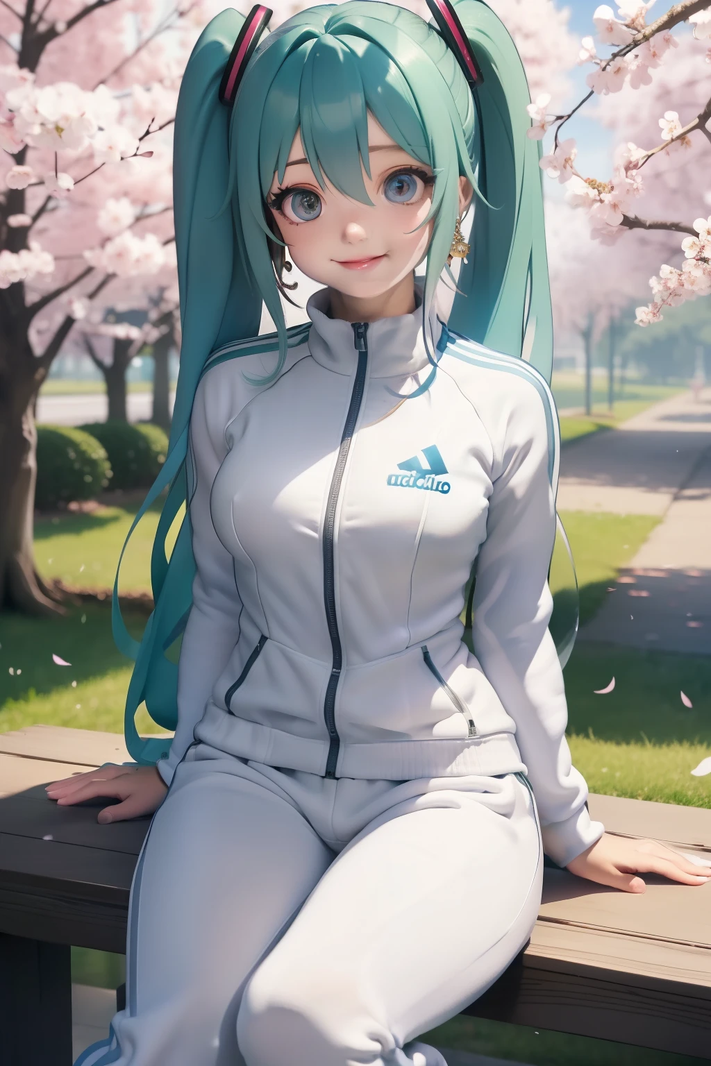 sit、Hatsune Miku、 highest quality, High resolution, unity 8k wallpaper, (figure:0.8), (detailed and beautiful eyes:1.6), highly detailed face, perfect lighting, Highly detailed CG, (perfect hands, perfect anatomy),(((pixel perfect, detail Perfect, Photo Perfect))), alone, 1 girl, adidas, (White tracksuit:1.5), (hoop earrings:1.3),(high heels:1.3),looking at the viewer, smile, :d, cherry blossoms、cherry blossoms並木、cityscape、