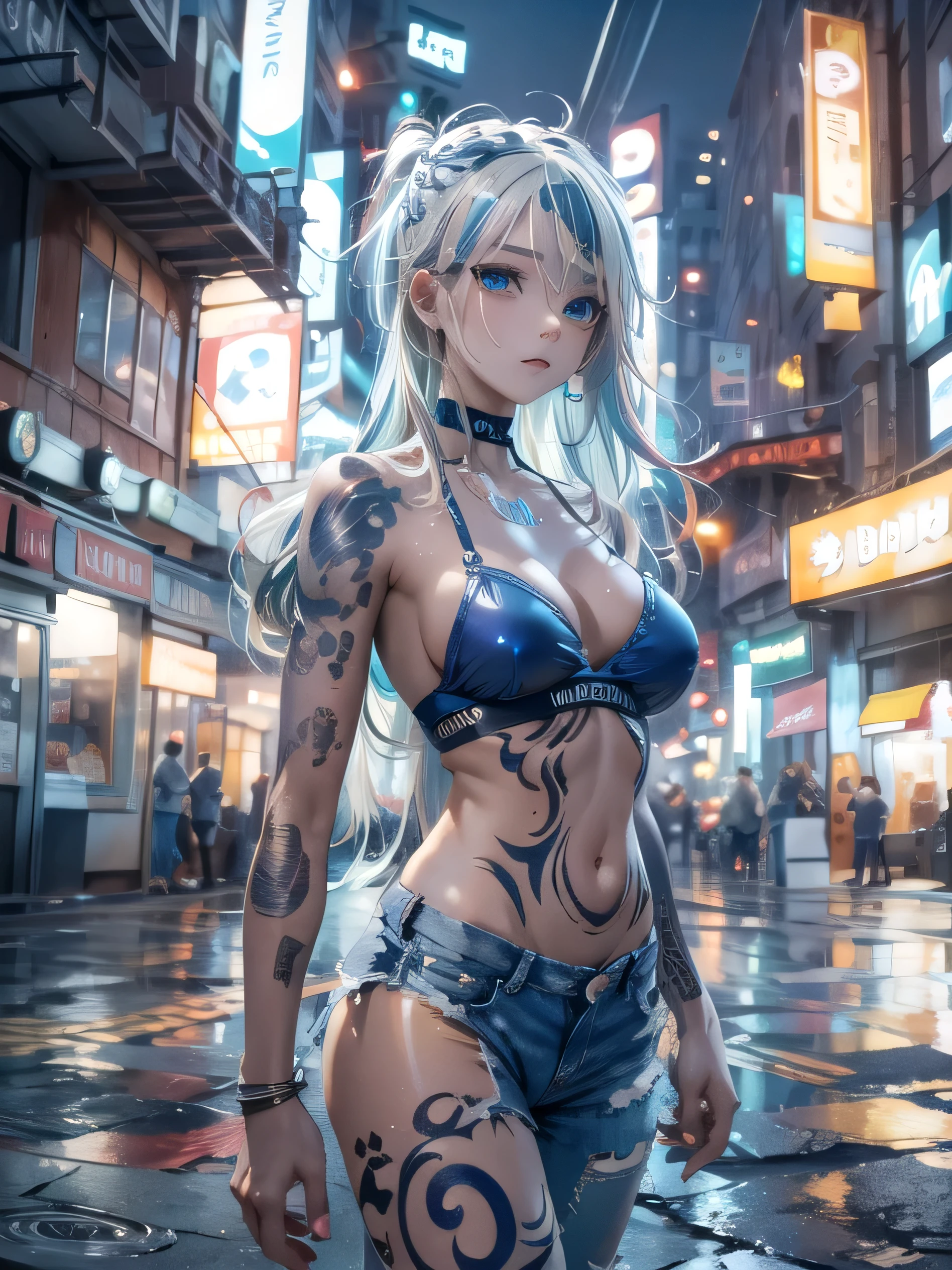 (photorealistic:1.8, highest quality:1.8,8K masterpiece:1.8,High resolution,muste piece:1.8,RAW Photos,cinematic lighting),No split screen, cyber punk、Back alley of the city at night、rain-soaked ground、vapor、 (1 android girl:1.3)、Completely naked、full body tattoo、choker、beautiful breasts、shirt、denim shorts、beautiful butt,beautiful thighs,plump nipples、Nipples are visible through the costume,cameltoe,Body painting with a pop design drawn all over the body、pop art design、cutting edge fashion、conceptual art、 (Beautiful shining blue-white hair:1.5)、Stoic