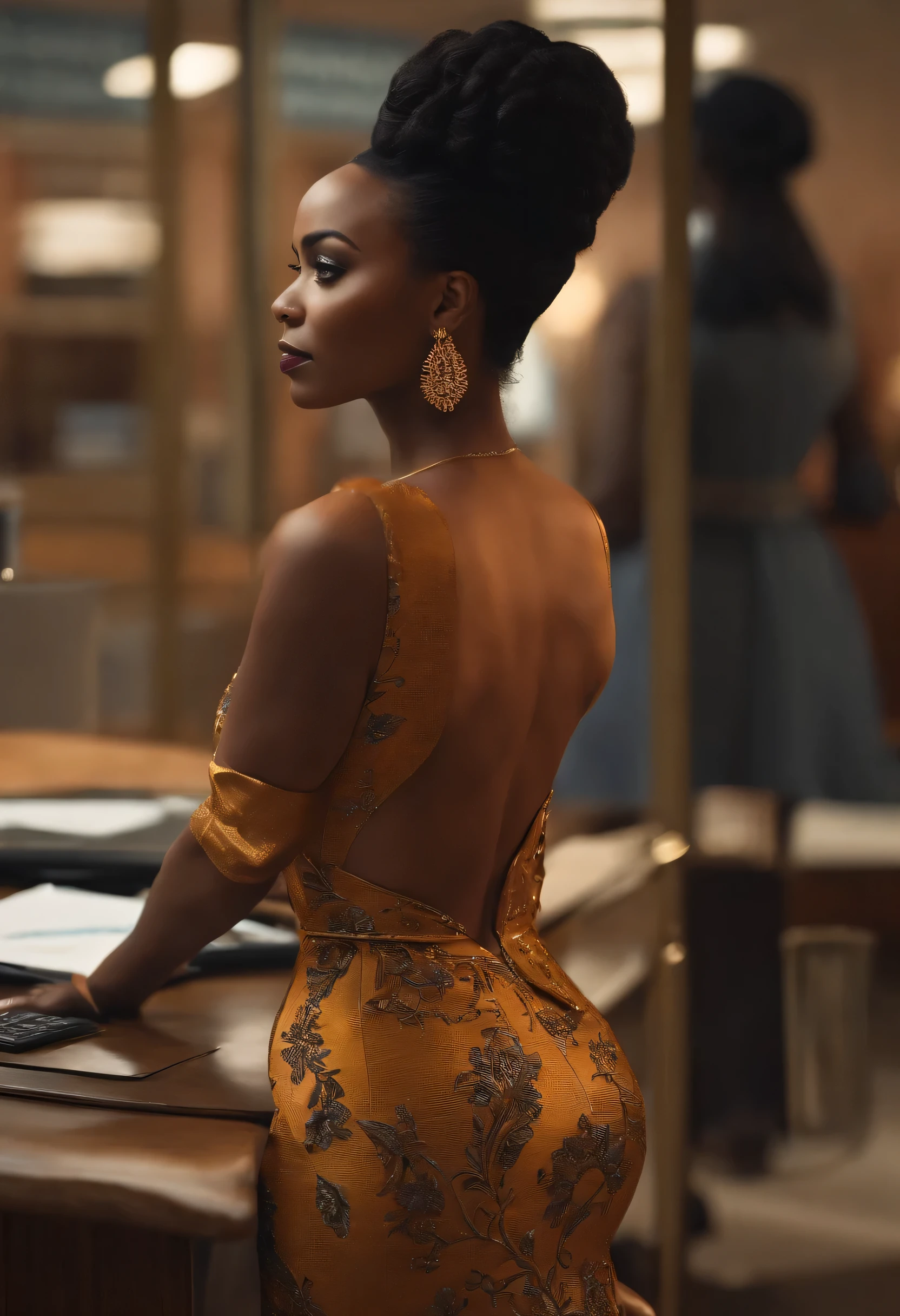 Mulher negra, 30 anos, Banco, linda,  seios grandes, cintura fina e quadril largo, Vestimenta social, office scenery, detalhado, ao estilo pixar