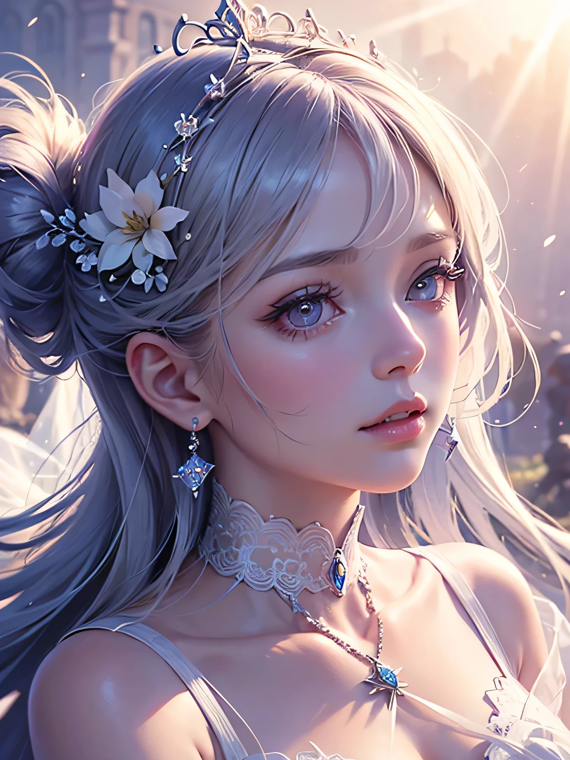 Beautiful princess of mountain lavender, New Style, symmetrically, tenderness, Sun rays, airiness, mercy, Floral ornament, chiffon, Silk, Correct eye proportions, expressive eyes, long eyelashes, plump wet lips, Texture skins for the face, A lot of air, very detailed, double exposure, 30 thousand......, hyperrealistic, Привет-Def, Soft lighting