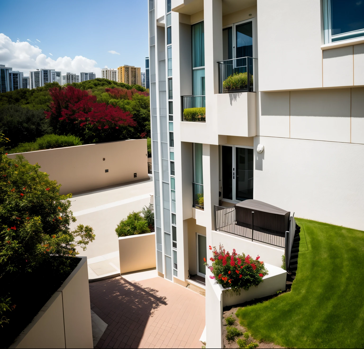 exterior of highrise apartment building, contemporary style, balconies, plants and flowers on balconies, vivid colour, beautiful landscape, stone pavement,cars, realistic, RAW photo, 8k uhd, dslr, soft lighting, high quality, film grain, Fujifilm XT3,masterpiece,