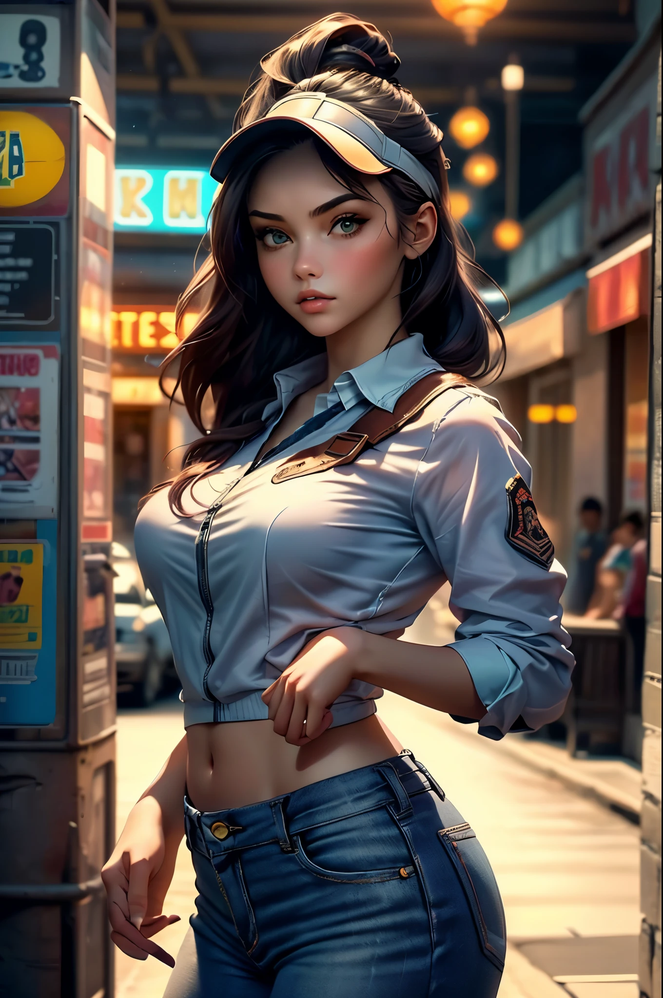 ((Beautiful young woman in cap with backward visor:1.5)), ((full shot:1.6)), unreal engine:1.4, K CG ultra-realistic, Photorealistic:1.4, full-length image:1.3,((Texture of the hyper-realistic skin: 1.5, ultra detailed and beautiful : 1.4)), dynamic pose, masterpiece: 1.4, mad max style: 1.4, jeans jacket, long red hair, green eyes, military style shorts, green pantyhose, decorations on his clothing and hair, apocalyptic city in the background, 32k