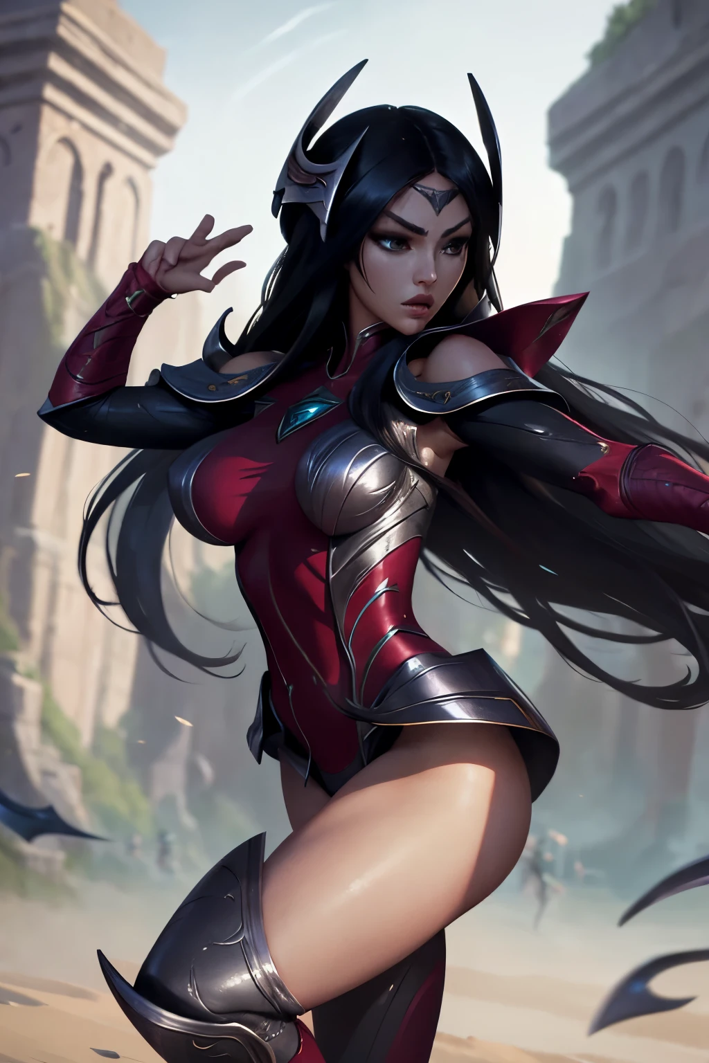 Highly detailed, High Quality, Masterpiece, beautiful, 1girl, solo, Irelia, solo character holding weapon, attack action, using weapon, intricate design, sharp focus, fantasy clothing, 