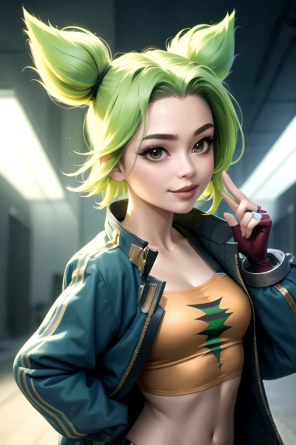 (masterpiece, best quality:1.2), intricate details, zeri \(league of legends\), 1girl, twintails, bangs, jacket, green hair, crop top, fingerless gloves, light smile