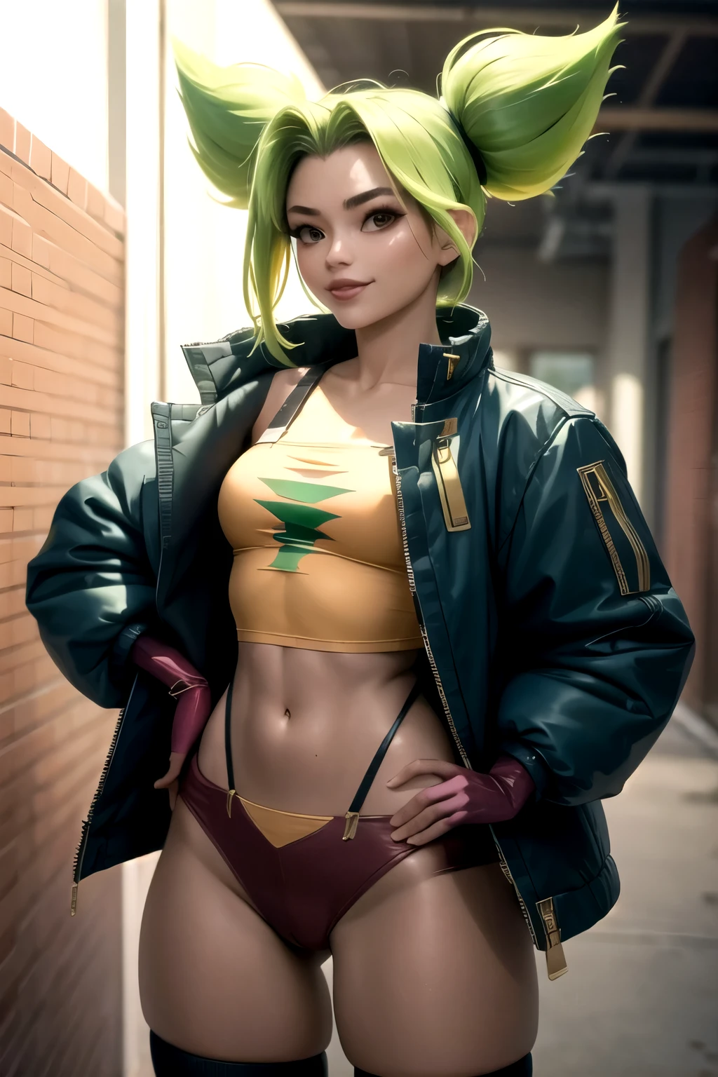 (masterpiece, best quality:1.2), intricate details, zeri \(league of legends\), 1girl, twintails, bangs, jacket, green hair, crop top, fingerless gloves, light smile