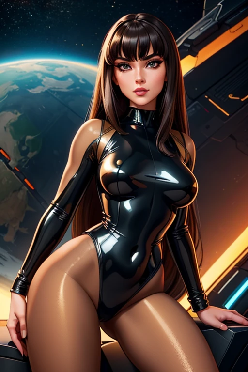 Best quality, 8K,sci-fi retro futurism woman, beautiful and detailed face, black straight long hair, bangs,big eyelashes,shiny brown LATEX leotard, beige TAN pantyhose, ,sci-fi RETRO SPACESHIP scenario