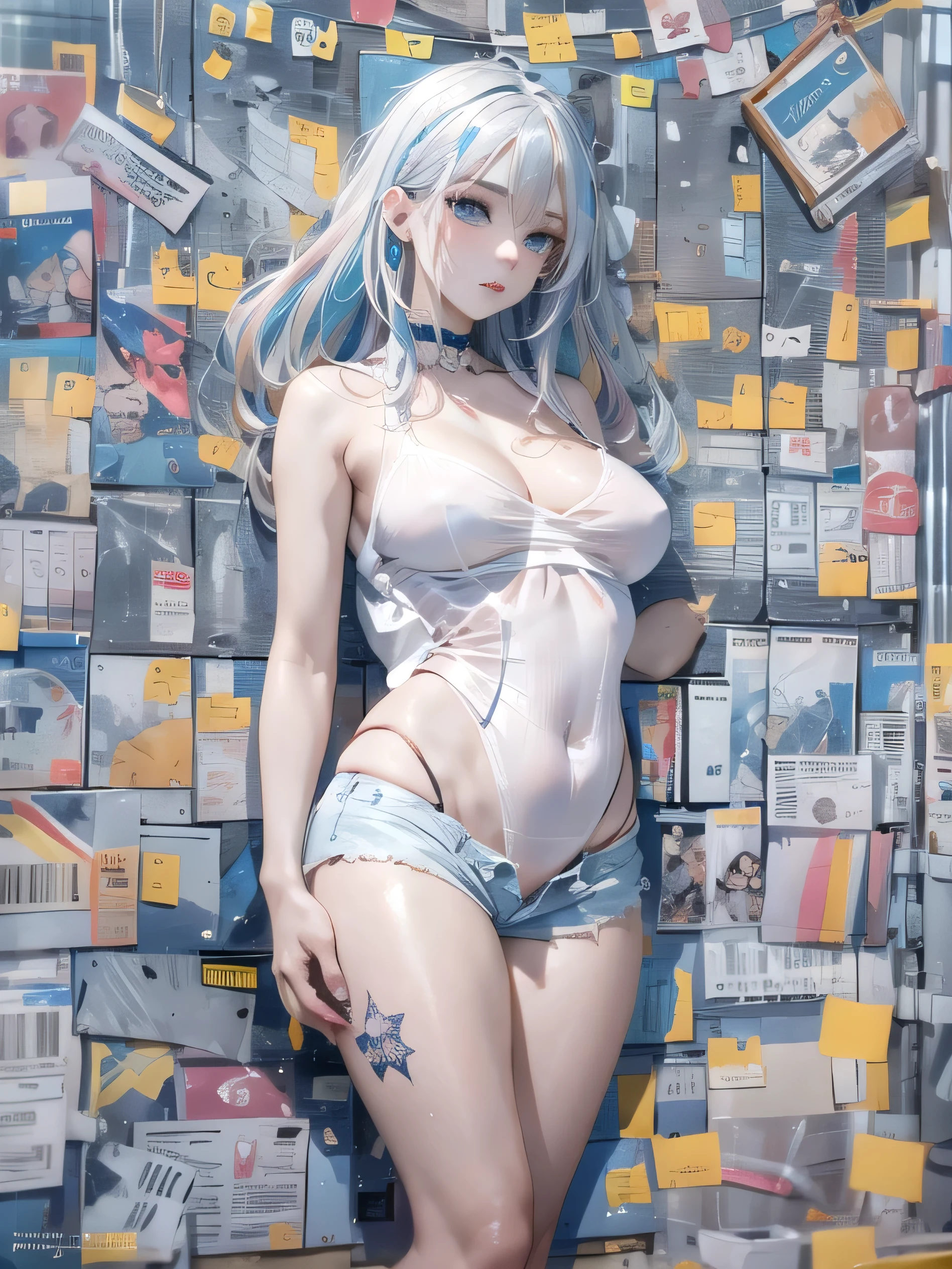 (photorealistic:1.8, highest quality:1.8,8K masterpiece:1.8,High resolution,muste piece:1.8,RAW Photos,cinematic lighting),No split screen, cyber punk、Back alley of the city at night、rain-soaked ground、vapor、
(1 android girl:1.3)、Completely naked、full body tattoo、choker、beautiful breasts、shirt、Denim Micro Shorts、beautiful butt,beautiful thighs,plump nipples、Nipples are visible through the costume,cameltoe,Body painting with a pop design drawn all over the body、pop art design、cutting edge fashion、conceptual art、
(Beautiful shining blue-white hair:1.5)、Stoic、Angle from below、bold pose