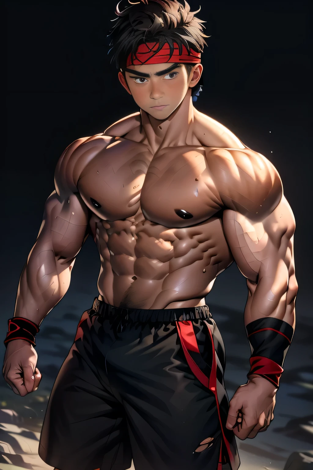 (Masterpiece, Best quality 17 year old boy, Shota, simple background, cowboy shot), solo, Young, boy, full bodyesbian, Shirtless, topless, (Dark Short straight hair, under cut, brown eyes), (torn cloth, red headband, black shorts, ((black wristband))), Vivid colors, (hot Abs, big breast, upper arms), (topless male), closed mouth, serious, tight muscler body, Man with martial arts stance, epic action pose