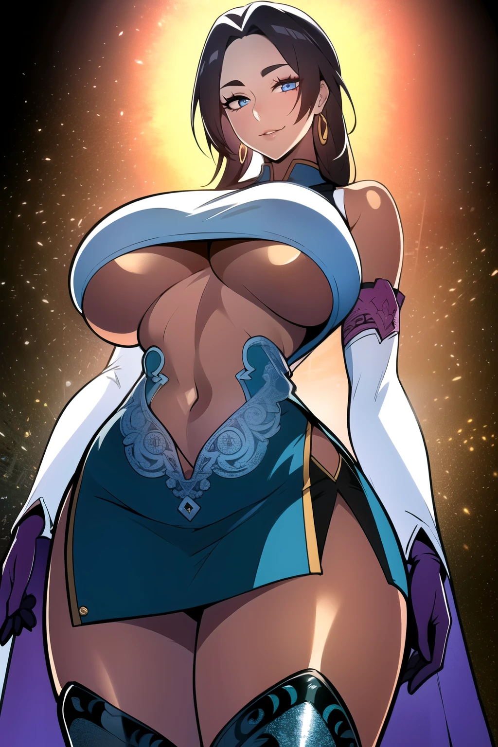 ultra realistic 8k cg, masterpiece, (( intricate detail, highly detailed, fine details best quality, hyperdetailed face)), gigantic breasts ,beautiful lighting, absurdres, BoaHancockV2, 1girl, solo, black hair, long hair, jewelry, closed mouth, ), (chinese dress, (underboob : 1.4), elbow gloves, thigh boots, split skirt, bare shoulders, curvy, midriff, curvy, thighs, shiny clothes), blue eyes, (complex detailed background, inside, luxury palace), ((cowboy shot)), curvy, (gigantic breasts: 1.1), seductive smile, cowboy shot, (tan skin :1.1) (tan face:1.1)