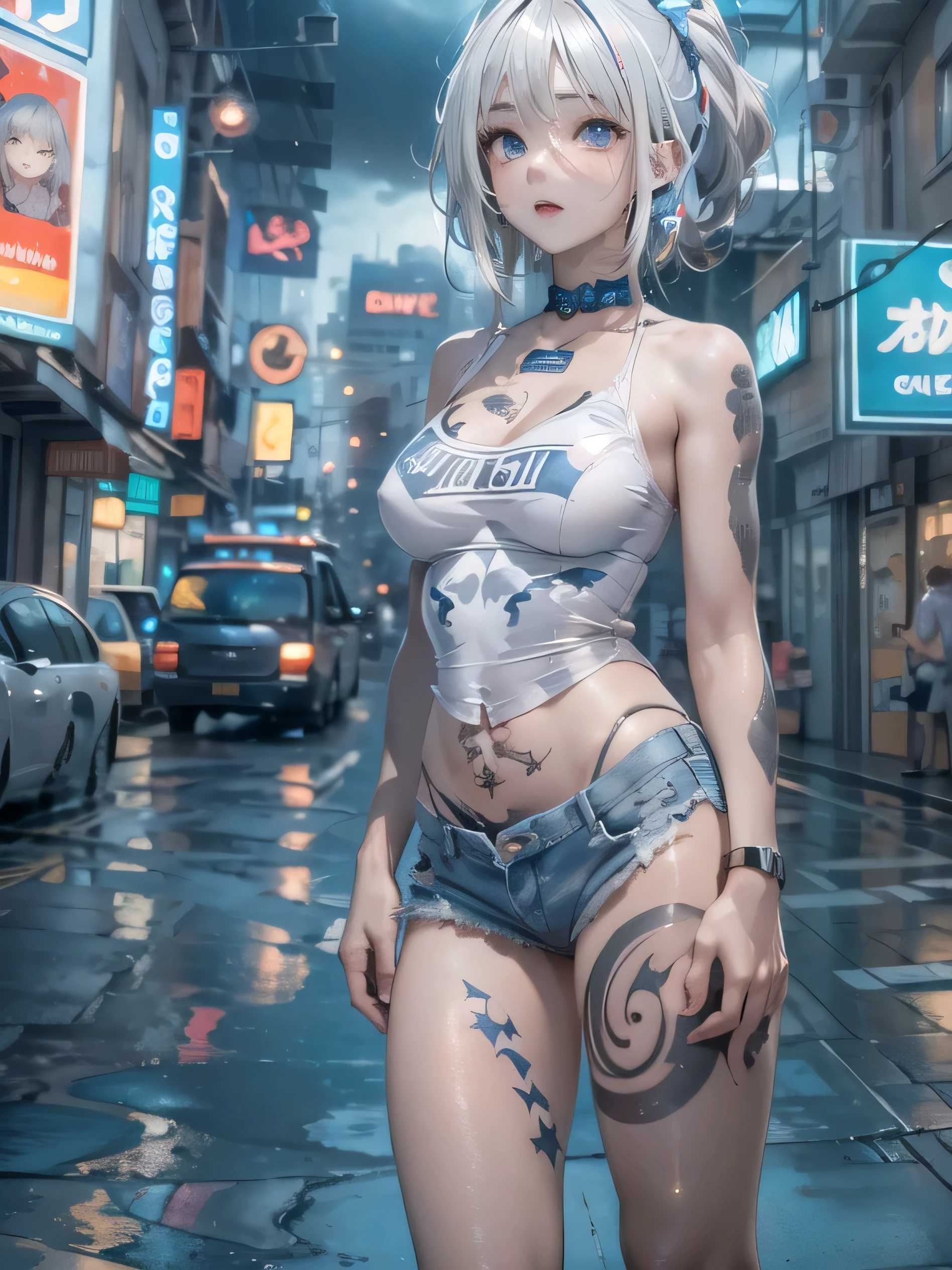 (photorealistic:1.8, highest quality:1.8,8K masterpiece:1.8,High resolution,muste piece:1.8,RAW Photos,cinematic lighting),No split screen, cyber punk、Back alley of the city at night、rain-soaked ground、vapor、 (1 android girl:1.3)、Completely naked、full body tattoo、choker、beautiful breasts、shirt、Denim Micro Shorts、beautiful butt,beautiful thighs,plump nipples、Nipples are visible through the costume,cameltoe,Body painting with a pop design drawn all over the body、pop art design、cutting edge fashion、conceptual art、 (Beautiful shining blue-white-gray hair:1.5)、Stoic、Angle from below