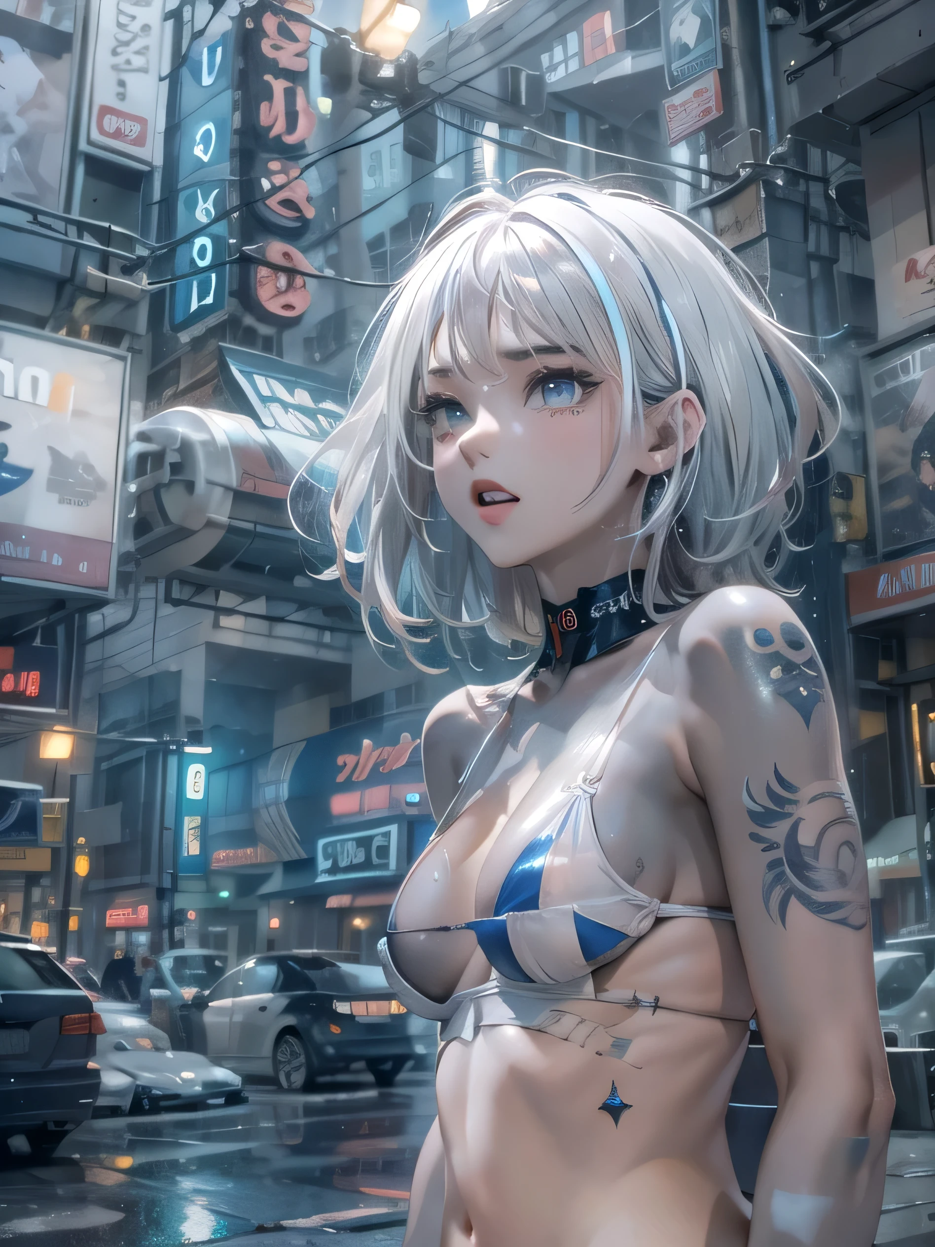 (photorealistic:1.8, highest quality:1.8,8K masterpiece:1.8,High resolution,muste piece:1.8,RAW Photos,cinematic lighting),No split screen, cyber punk、Back alley of the city at night、rain-soaked ground、vapor、
(1 android girl:1.3)、Completely naked、full body tattoo、choker、beautiful breasts、shirt、Denim Micro Shorts、beautiful butt,beautiful thighs,plump nipples、Nipples are visible through the costume,cameltoe,Body painting with a pop design drawn all over the body、pop art design、cutting edge fashion、conceptual art、
(Beautiful shining blue-white-gray hair:1.5)、Exhilarated