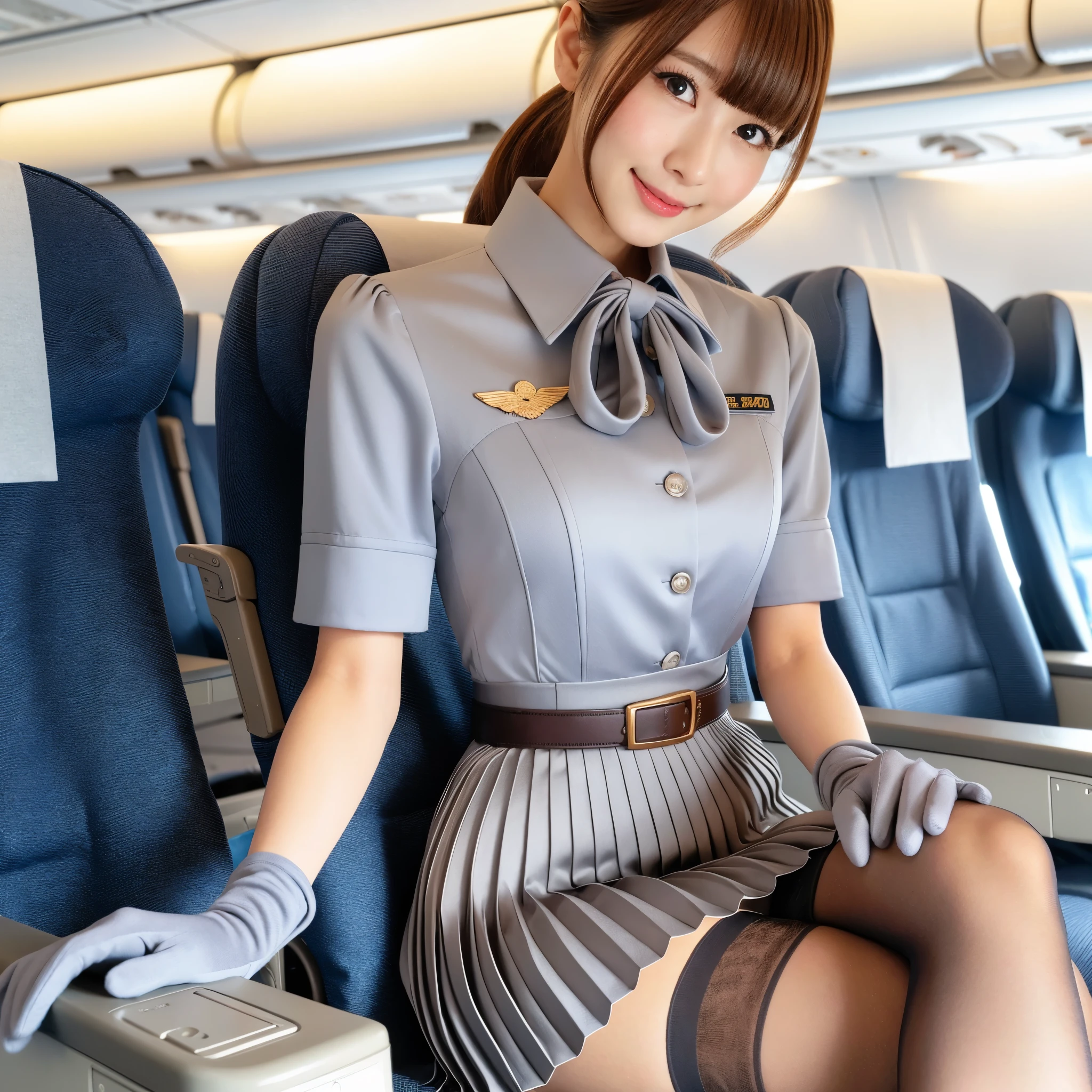 スーツケースを持ってplaneに座っている制服を着たアラフェの女性, sakimichan, Pilot costume, Captured on 2 0 2 0, cute Pilot Girl, girl in uniform, Pilot Girl, bottom corner, JK uniform, smooth white tight clothing suit, sakimichan HDRI, anime girl cosplay, plane, wonderful, Plain uniform sky behind