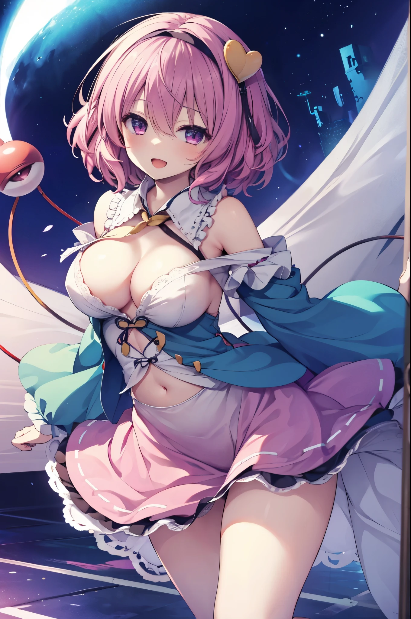 Satori Komeiji,Touhou Project,Revealing clothes,Bare breasts,Smile with open mouth,,Curvaceous,one girls,Top image quality,Masterpiece