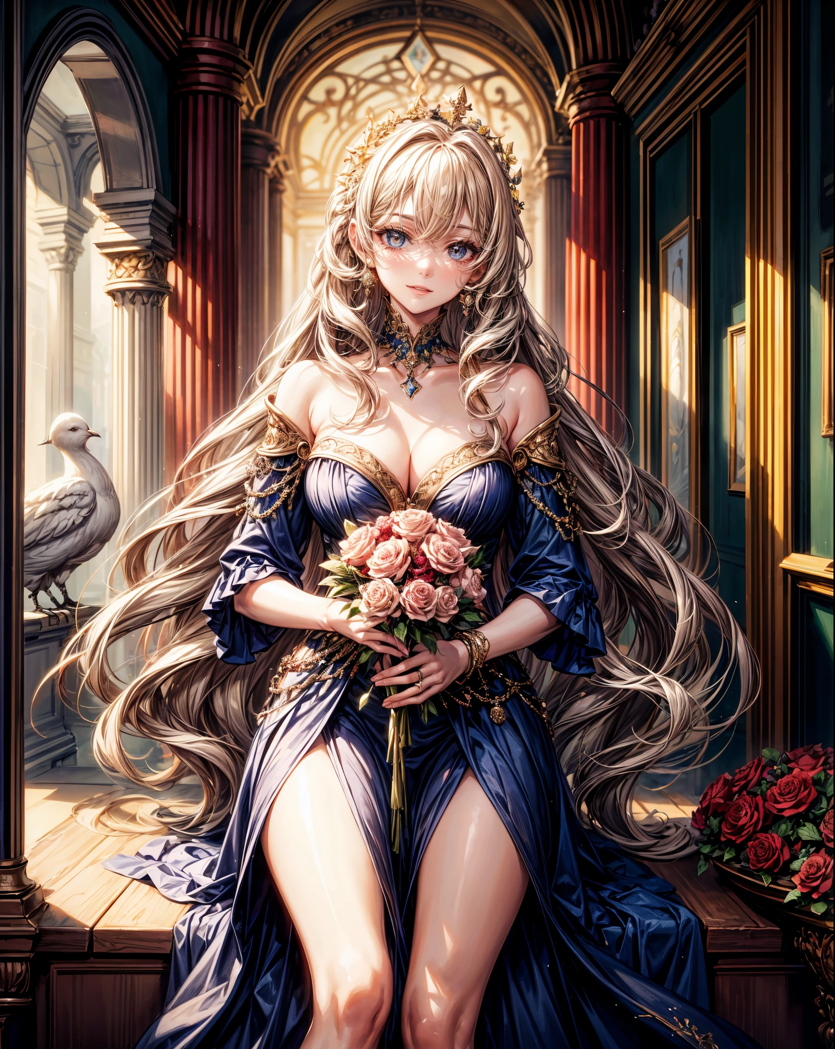 masterpiece,highest quality,Ultra high definition, Aphrodite, goddess of beauty, surrounded by doves and roses,Long, Curly, Blonde, Full, Wavy, Braided, Rose Crown, Mysterious, Graceful, Flowing, Glossy, Soft, Shining, Beautiful, Feminine, Divine,smile