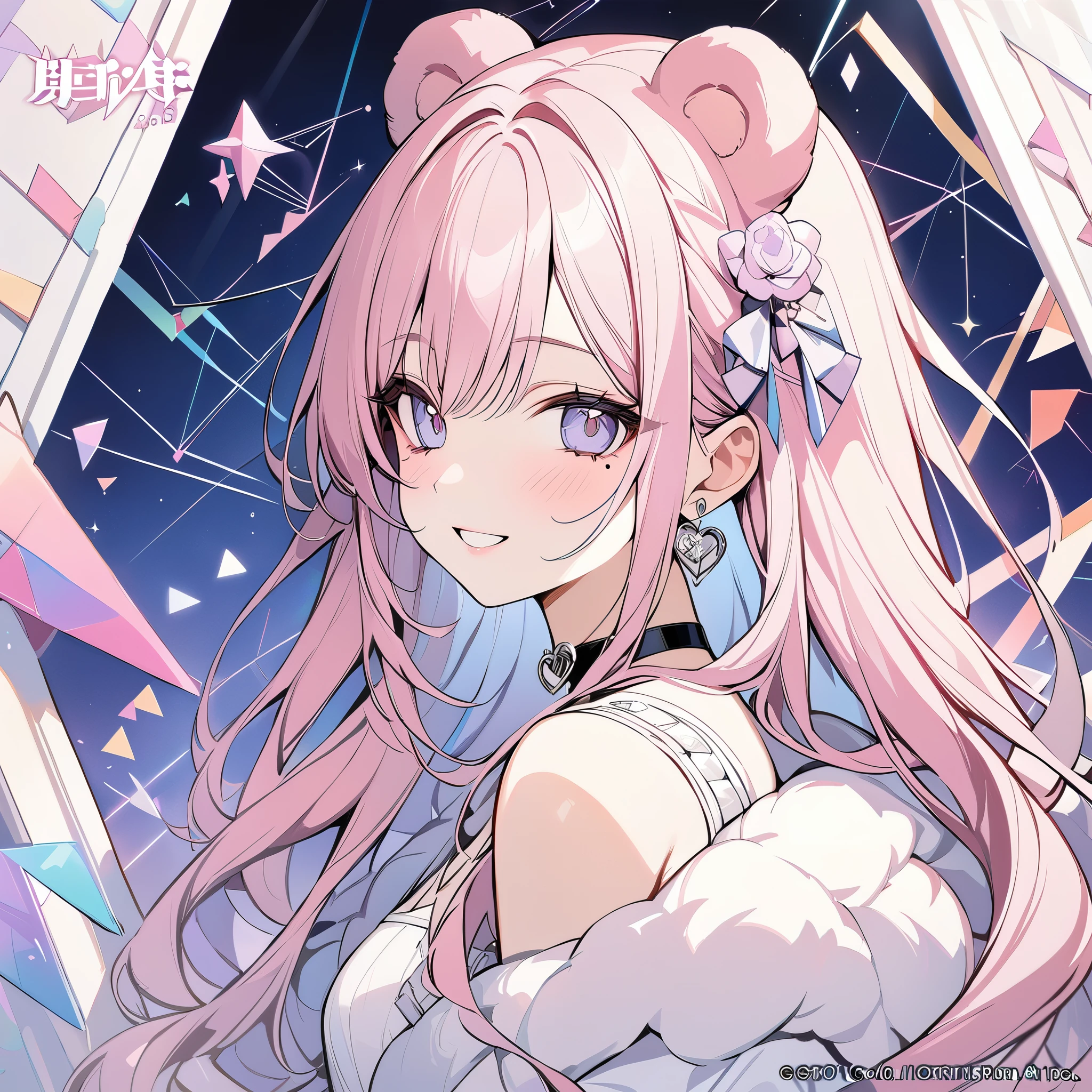 ,beautiful flower々),mole under eye, heart shaped choker, (masterpiece, highest quality), official art, beautiful and aesthetic: 1.2), (1 girl), very detailed, (geometry art: 1.3), colorful、pink bob hair、bear ears、 whole body、smile