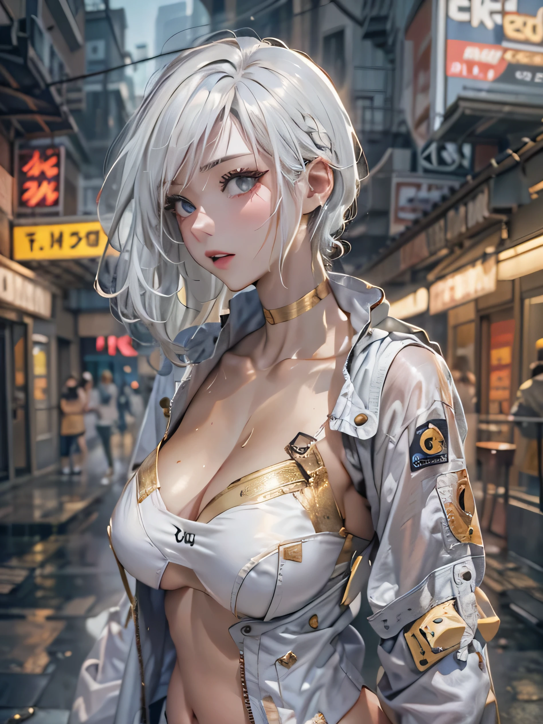(photorealistic:1.8, highest quality:1.8,8K masterpiece:1.8,High resolution,muste piece:1.8,RAW Photos,cinematic lighting),No split screen, cyber punk、Back alley of the city at night、rain-soaked ground、vapor、
(1 android girl:1.3)、Completely naked、full body tattoo、choker、beautiful breasts、shirt、Denim Micro Shorts、beautiful butt,beautiful thighs,plump nipples、Nipples are visible through the costume,cameltoe,Body painting with a pop design drawn all over the body、pop art design、cutting edge fashion、conceptual art、
(Beautiful, shining pale-white, gray-gold hair:1.5)、Wistful