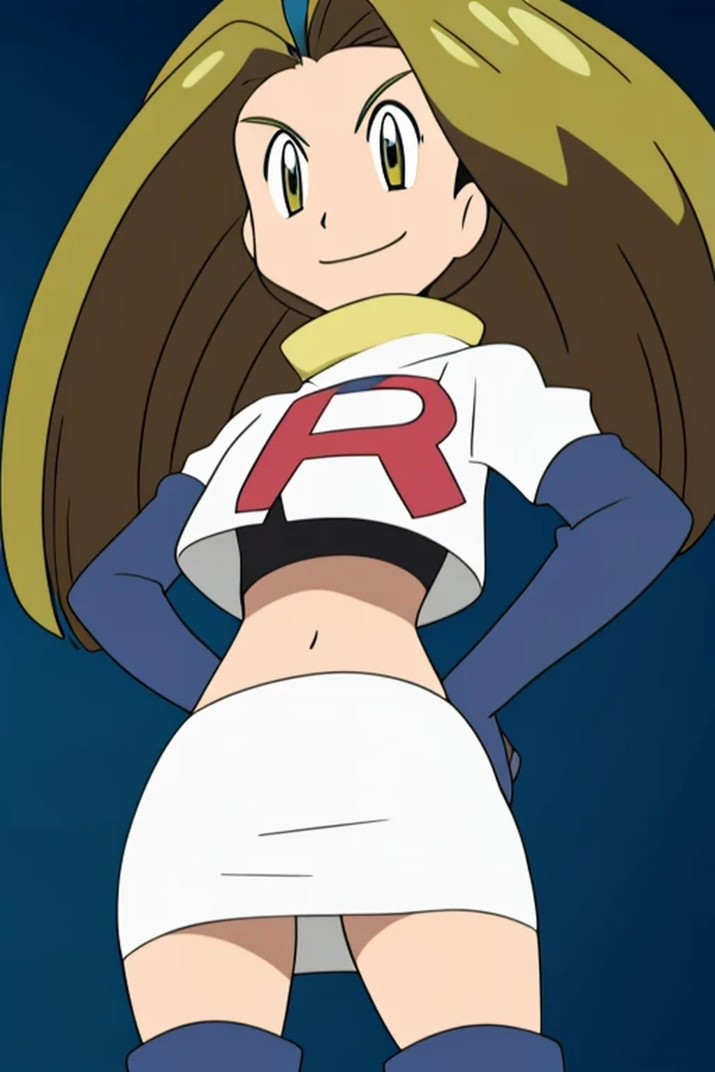 ((team rocket uniform,red letter r,white skirt,white crop top,black thigh-high boots,black elbow gloves,evil smile,looking at viewer,hands on hips,from below)),(best quality,4k,8k,highres,masterpiece:1.2),ultra-detailed,(realistic,photorealistic,photo-realistic:1.37),((HDR,UHD,studio lighting,extreme detail description,professional,portraits,red color scheme,dramatic lighting)),{{sexy squat on toilet, spread legs,black panties,lyra,white headwear, hat bow, eyelashes,UHD}}