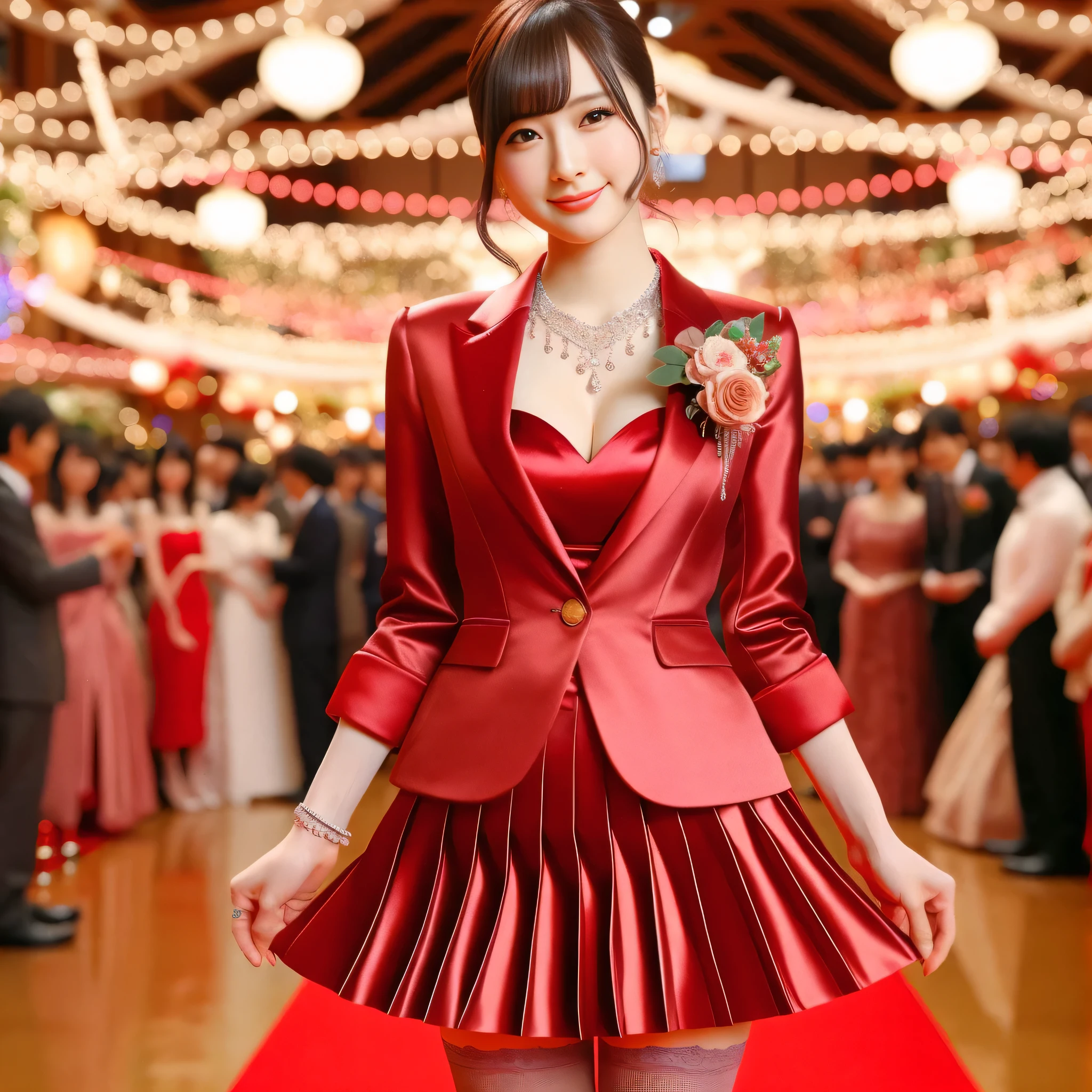 An arafi woman wearing a red dress and jacket standing on the red carpet, wearing red formal clothes, red suit, sakimichan HDRI, satin, elegant smile pose, wearing a red costume, wearing a fashion suit, luxury suit, girl in a suit, red color is dominant, sakimi chan, ayami kojima amano, red uniform, fantasy formal clothes