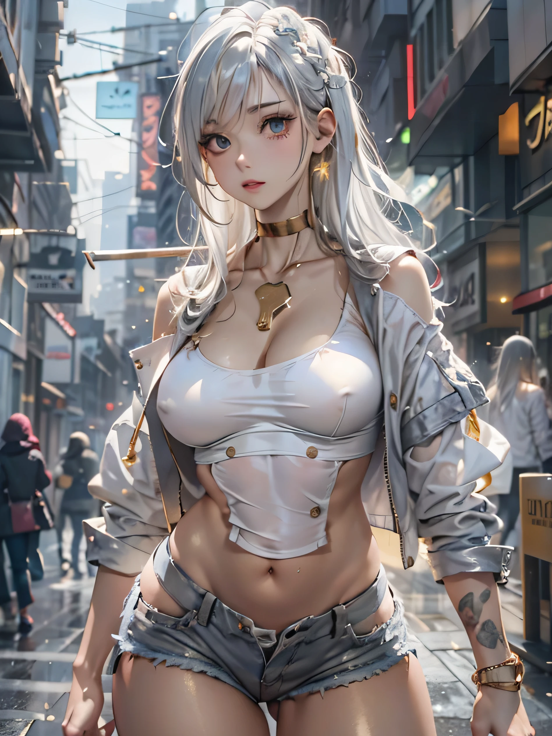 (photorealistic:1.8, highest quality:1.8,8K masterpiece:1.8,High resolution,muste piece:1.8,RAW Photos,cinematic lighting),No split screen, cyber punk、Back alley of the city at night、rain-soaked ground、vapor、 (1 android girl:1.3)、Completely naked、full body tattoo、choker、beautiful breasts、shirt、denim shorts、beautiful butt,beautiful thighs,plump nipples、Nipples are visible through the costume,cameltoe,Body painting with a pop design drawn all over the body、pop art design、cutting edge fashion、conceptual art、 (Beautiful, shining pale-white, gray-gold hair:1.5)、Wistful