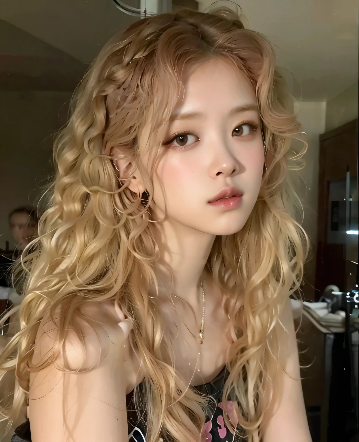 Rosé had long, curly blonde hair, com brincos e colares.