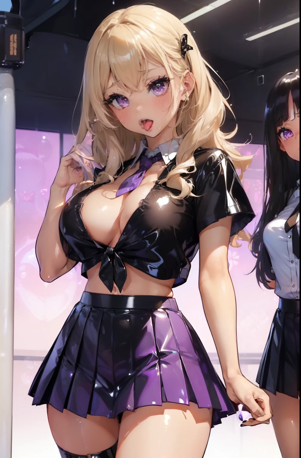 (3 girl:1.8)、standing with legs apart、 1 cute girl, highest quality、ウルトラ - High resolution、High resolution、Detailed CG、8k unit wallpaper、20-year-old、beautiful and detailed eyes,platinum blonde hair、random hairstyle、(((black and purple super shiny latex panties)))、((( black skin , Shirt with tie , cropped shirt , pleated skirt , cleavage ,oil skin)))、(shiny body,:1.5)、 please be shy、(Ahegao:1.5)、(Stick out your tongue and drool)、full of embarrassment、sexy pose、((vapor))