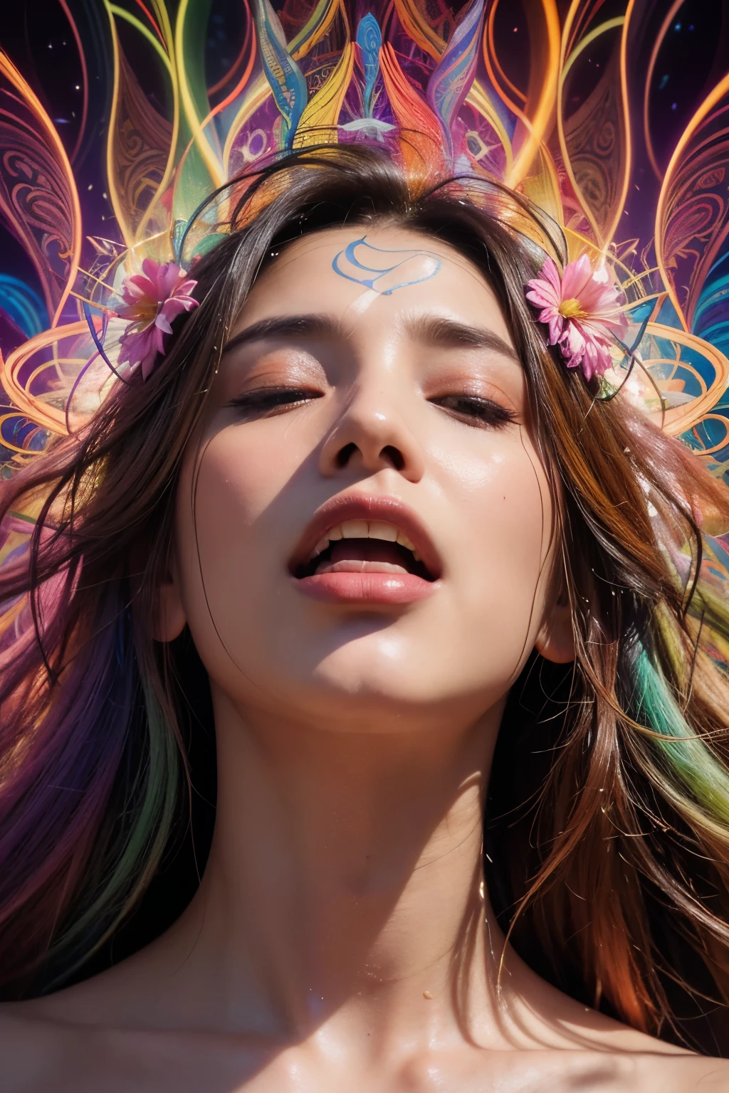 Realistic photography. Vibrant, psychedelic portrait of an ayahuasquero exhaling in mid-chant from his opened mouth, ethereal light energy woven with embedded information streaming forth in a torrent of prismatic color and blossoming, conscious geometries. Complex composition. Dynamic poses.