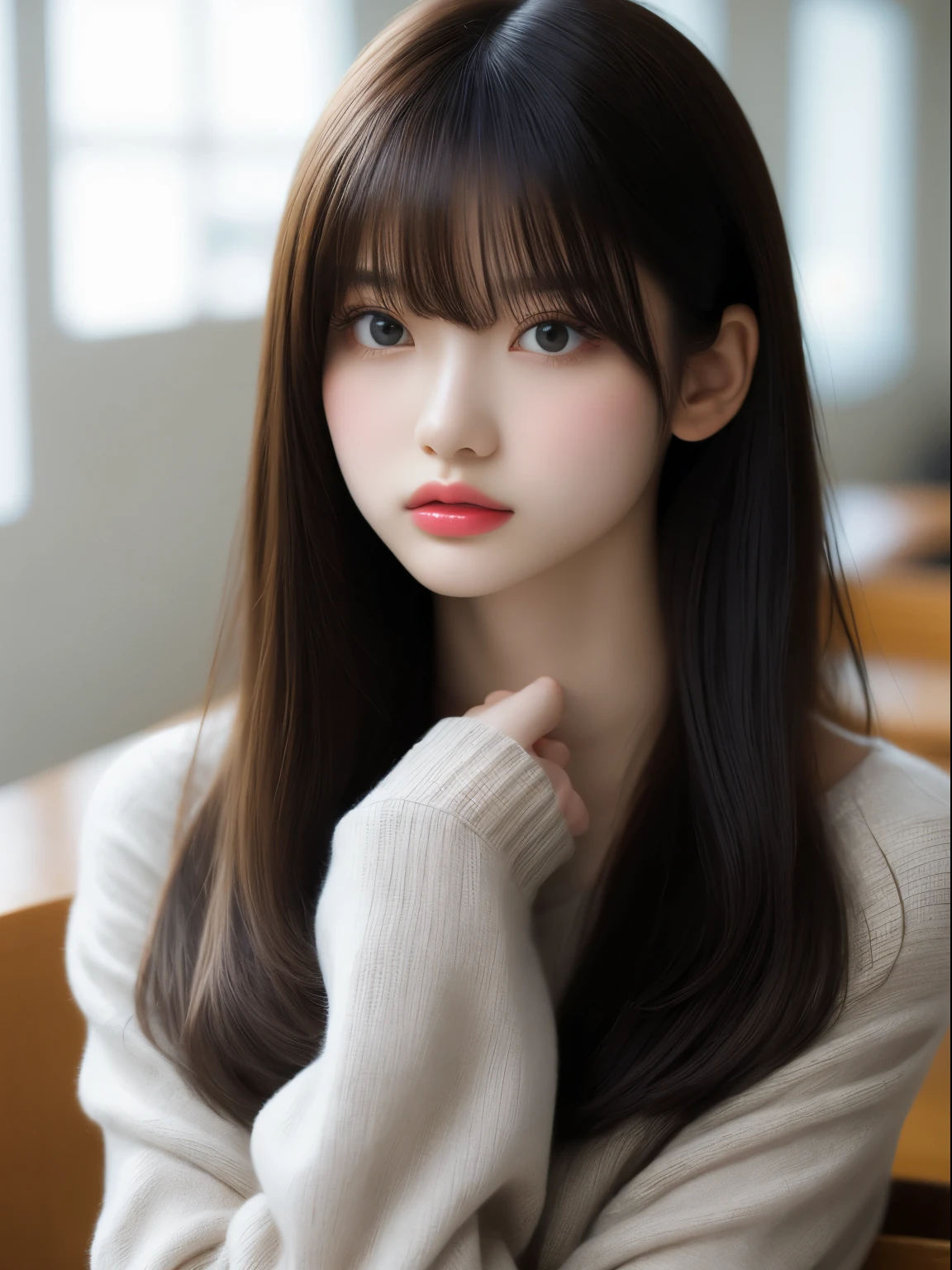 finely, High resolution, high quality、完璧なダイナミックな構figure, detailed and beautiful eyes, medium hair, huge tit、natural color lip,Kamimei、Shibuya Ward、20 year old girl、1 person、transparent skin、shining hair、table top, 最high quality, figure, Super detailed, finely, High resolution, 8K、correct state of the human body、random pose、、sculpture model pose，hair blowing in the wind