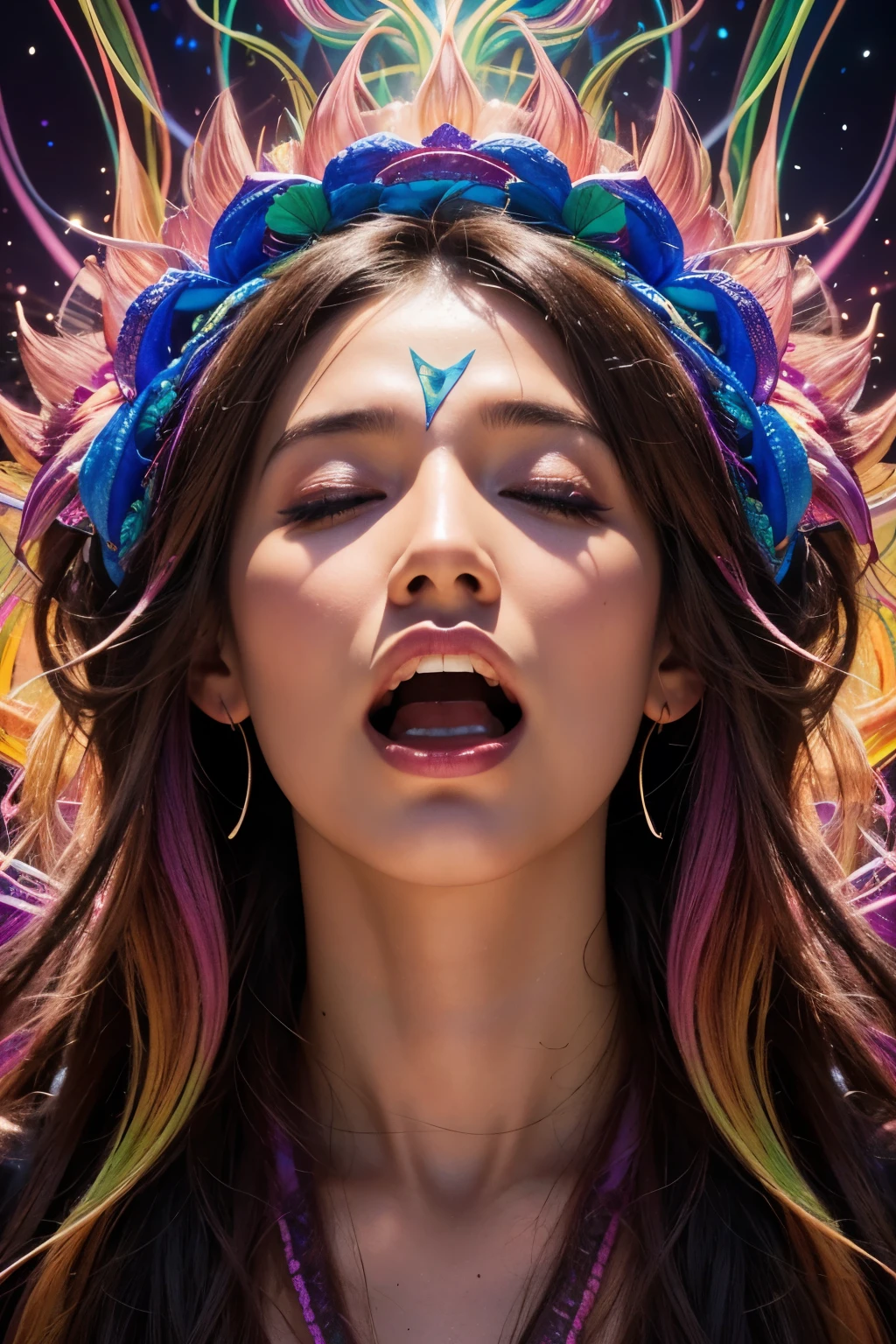 Realistic photography. Vibrant, psychedelic portrait of an ayahuasquero exhaling in mid-chant from his opened mouth, ethereal light energy woven with embedded information streaming forth in a torrent of prismatic color and blossoming, conscious geometries. Complex composition. Dynamic poses.