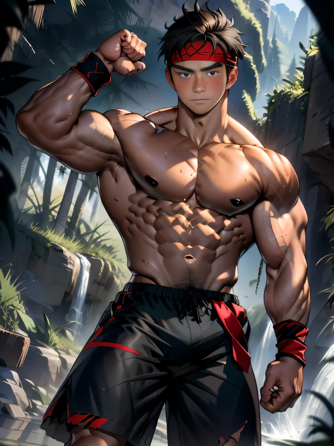 (Masterpiece, Best quality  boy, Shota, simple background, cowboy shot), solo, Young, boy, full bodyesbian, Shirtless, topless, (Dark Short straight hair, under cut, brown eyes), (torn cloth, red headband, black shorts, ((black wristband))), Vivid colors, (hot Abs, big breast, upper arms), (topless male), closed mouth, serious, tight muscler body, Man with martial arts stance, epic action pose