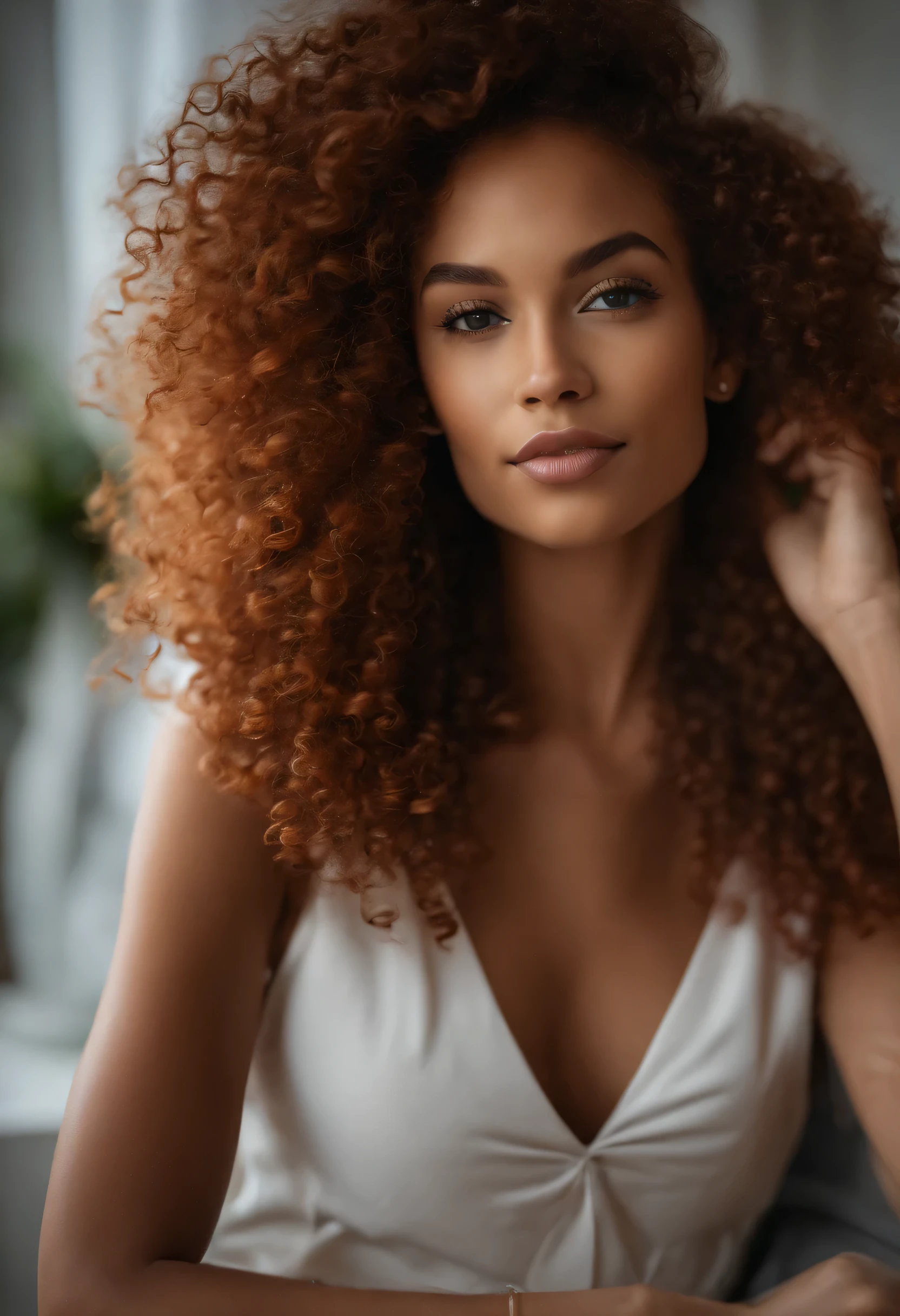 "Imagem ultra-realista de uma linda garota afro-latina de 22 anos,Casca de caramelo, corpo perfeito, Take a selfie in your office with your Sony A7RV, magrelo, Tamanho ultrafino, cheveux rouge, encaracolado and curly hair karibean , olhos verdes penetrantes.hiper-realista,anatomia correta,Facial features are carefully represented,rotations gratuites, cabelos ruivos encaracolados, (tribunal, cabelos ruivos encaracolados), Cabelo ruivo longo e encaracolado, cheveux multiversaux, tribunal, cabelos ruivos encaracolados, cabelos ruivos encaracolados, rotations, cabelos ondulados espalhados, rotations baroques, rotations, encaracolado,Texture des cheveux, encaracolado bang