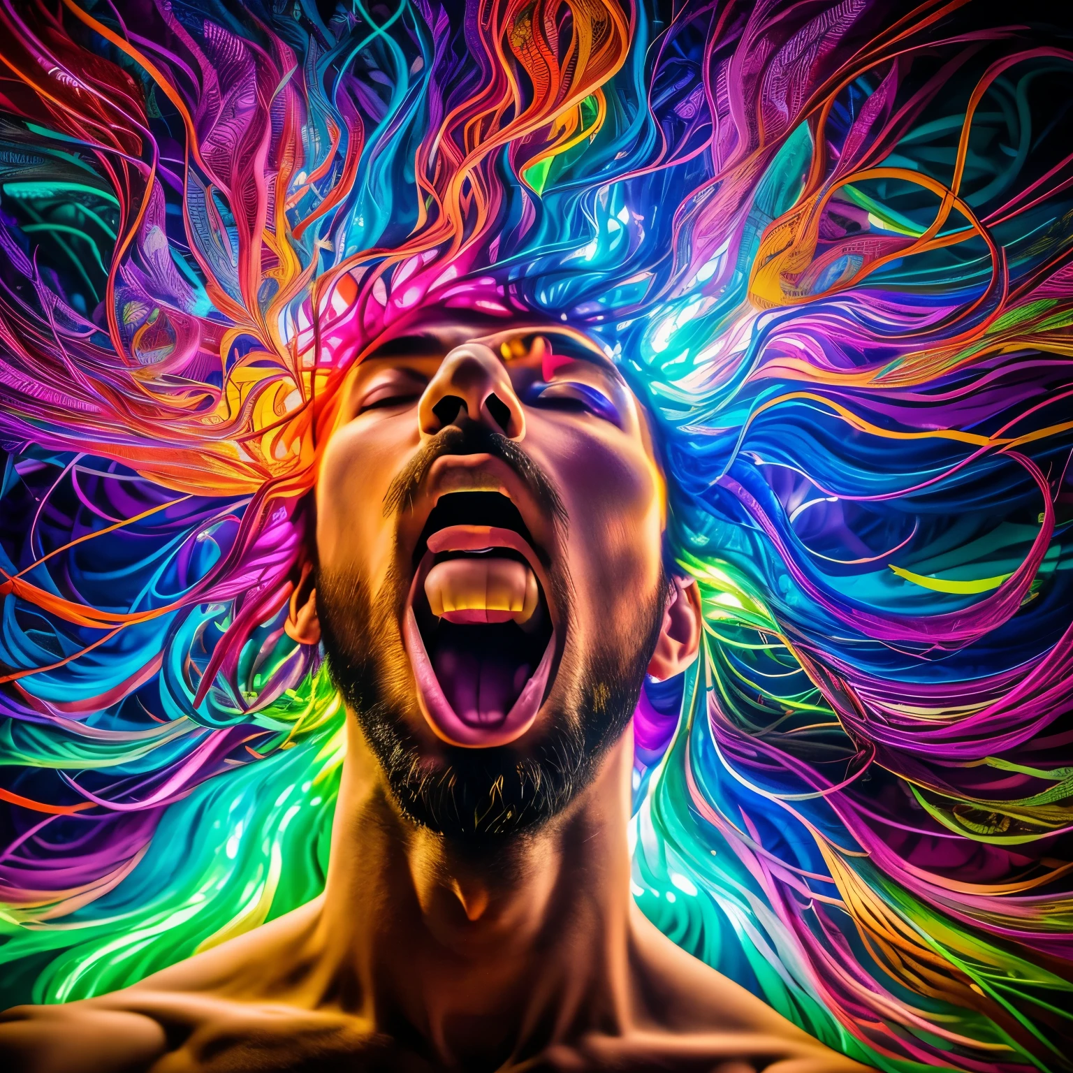 Realistic photography. Vibrant, psychedelic portrait of an ayahuasquero exhaling in mid-chant from his opened mouth, ethereal light energy woven with embedded information streaming forth in a torrent of prismatic color and blossoming, conscious geometries. Complex composition. Dynamic poses.