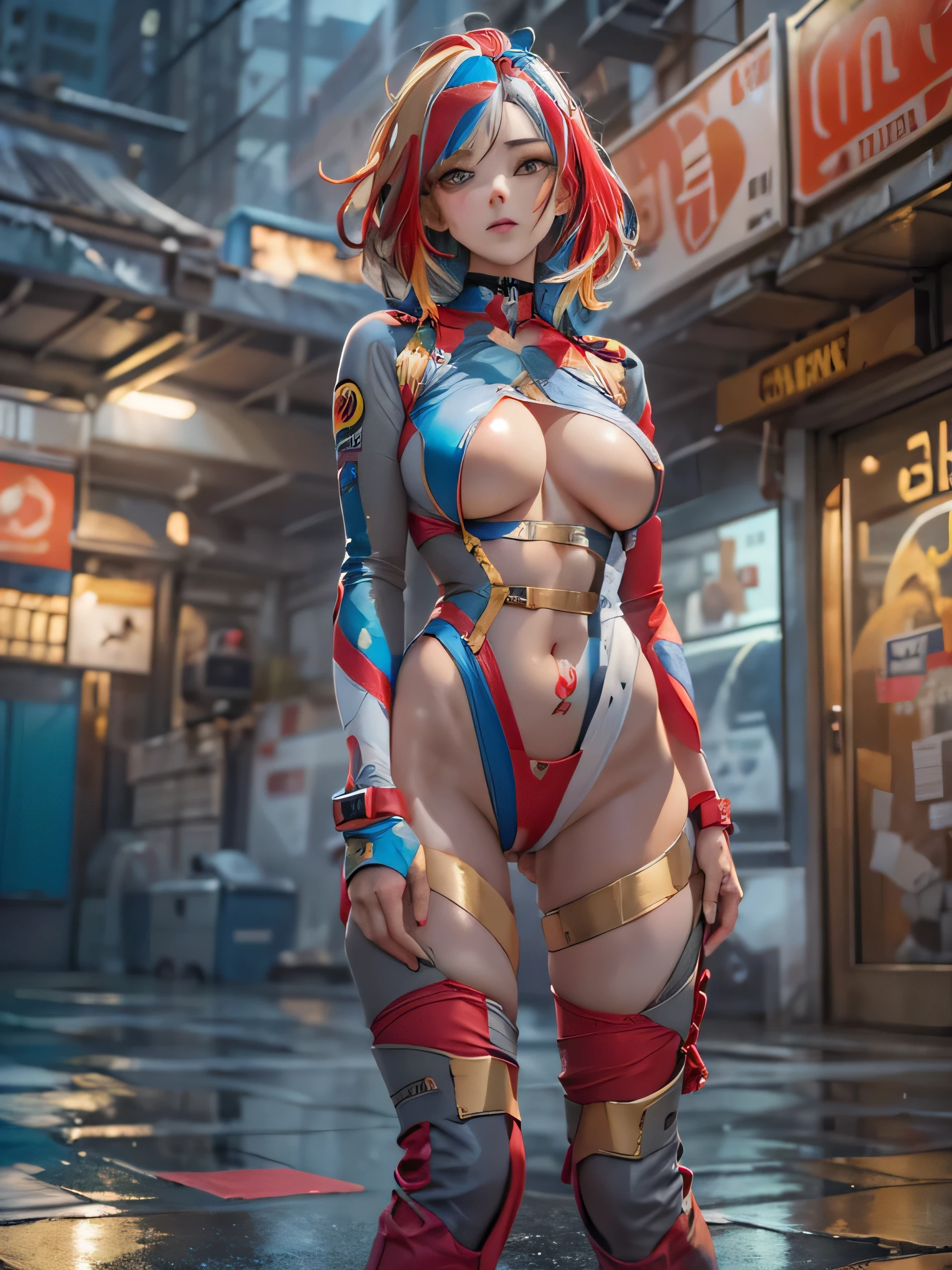 (photorealistic:1.8, highest quality:1.8,8K masterpiece:1.8,High resolution,muste piece:1.8,RAW Photos,cinematic lighting),No split screen, cyber punk、Back alley of the city at night、rain-soaked ground、vapor、 (1 android girl:1.3)、Completely naked、full body tattoo、choker、beautiful breasts、shirt、denim shorts、beautiful butt,beautiful thighs,plump nipples、Nipples are visible through the costume,cameltoe,Body painting with a pop design drawn all over the body、pop art design、cutting edge fashion、conceptual art、 (Beautiful shining red, blue, white, gray and golden hair:1.5)、Stoic