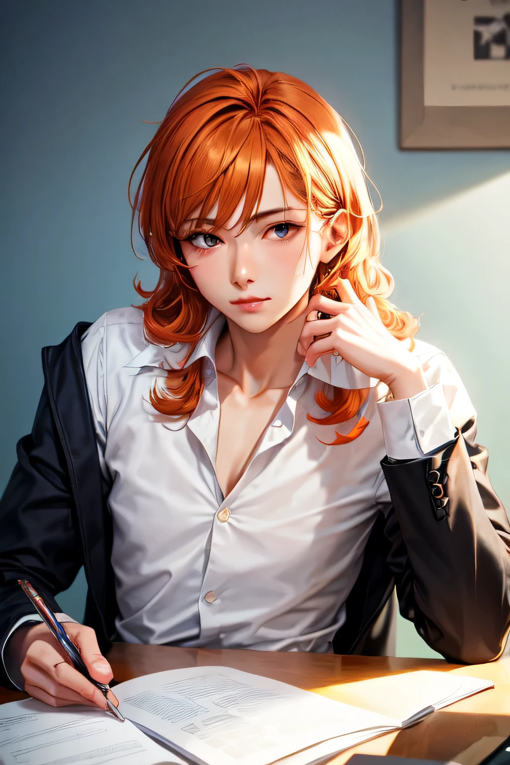 androgynous woman, orange hair, 30s, tranquil, intellectual, businessman
