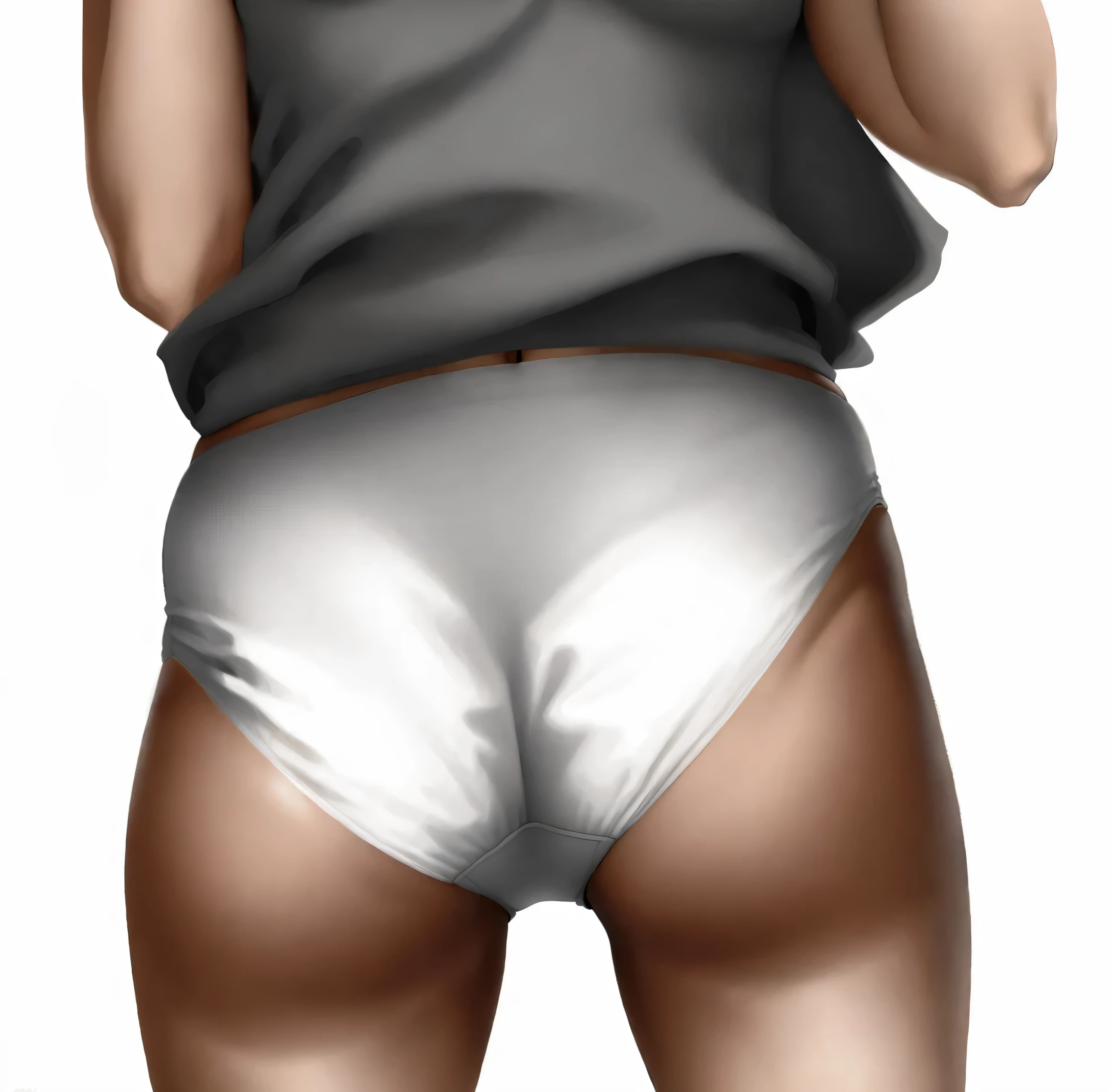 ((masterpiece, best quality)), ((33 year old)), (((Curvy))), ((Black woman)), in ((white fullback cotton panties)), beige shirt, ((Large hips)), cropped shot, (((realistic art style)))