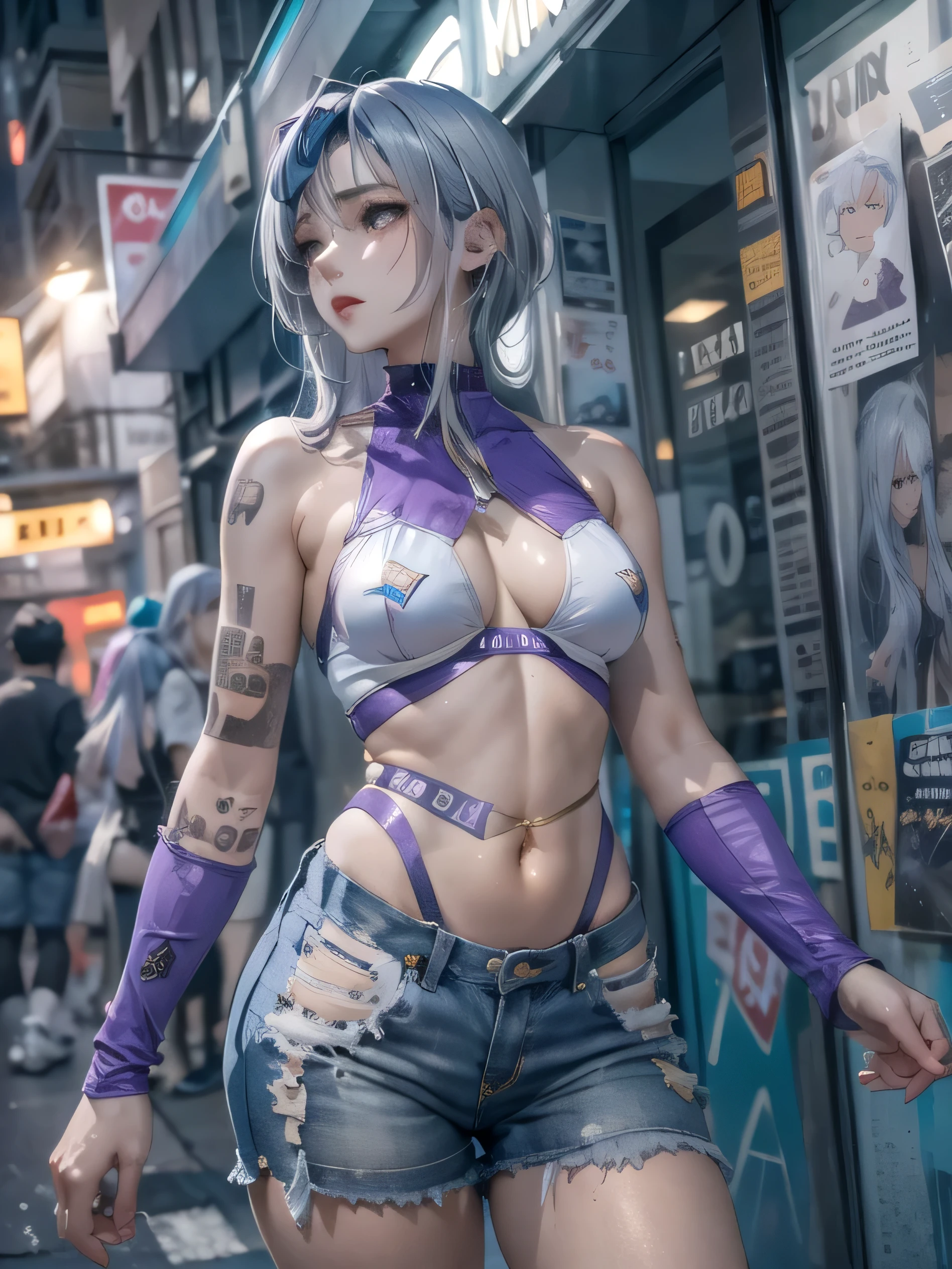 (photorealistic:1.8, highest quality:1.8,8K masterpiece:1.8,High resolution,muste piece:1.8,RAW Photos,cinematic lighting),No split screen, cyber punk、Back alley of the city at night、rain-soaked ground、vapor、 (1 android girl:1.3)、Completely naked、full body tattoo、choker、beautiful breasts、denim shorts、beautiful butt,beautiful thighs,plump nipples、Nipples are visible through the costume,cameltoe,Body painting with a pop design drawn all over the body、pop art design、cutting edge fashion、conceptual art、 (Beautiful shining purple blue white gray gold hair:1.5)、Stoic