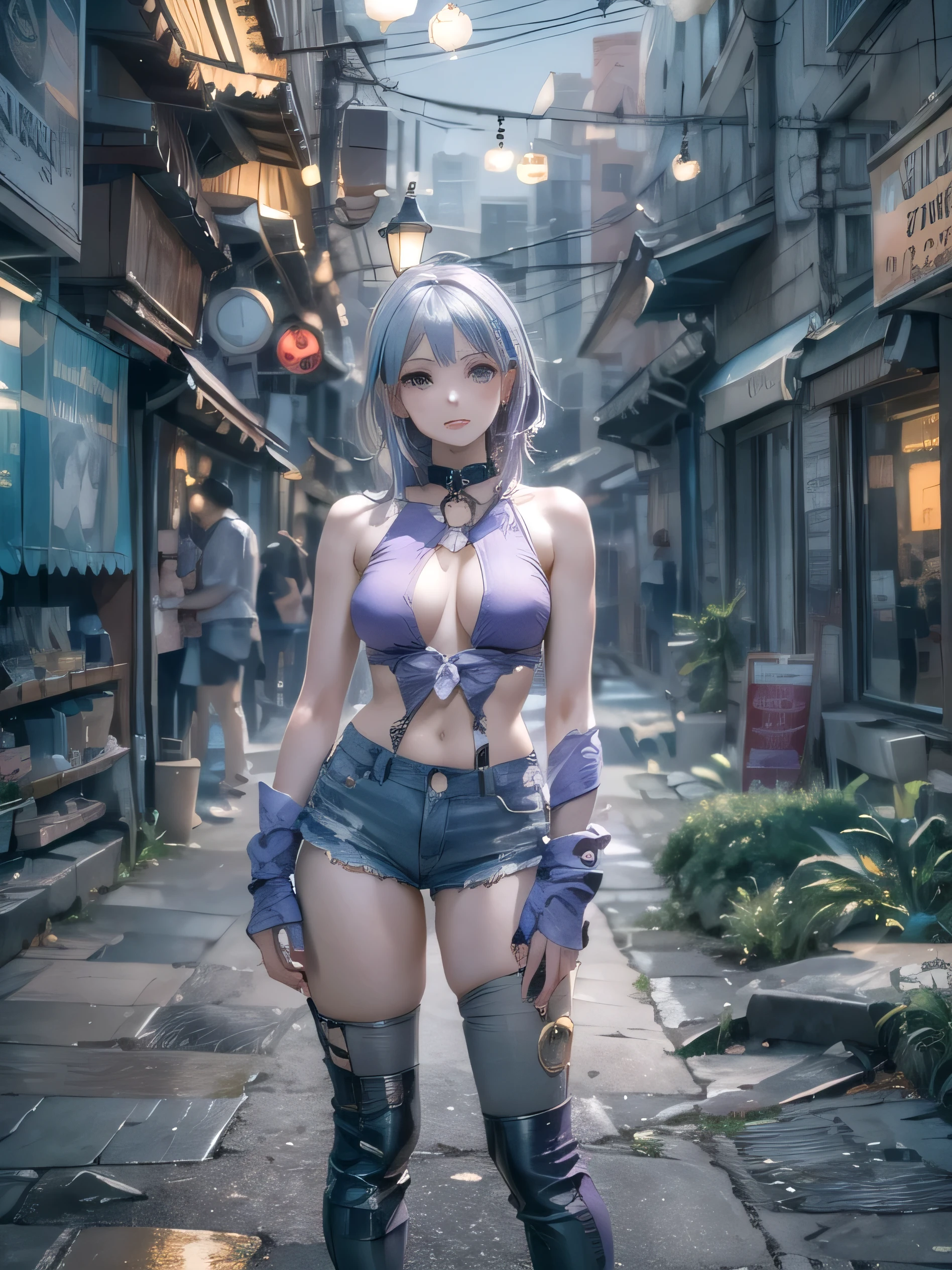 (photorealistic:1.8, highest quality:1.8,8K masterpiece:1.8,High resolution,muste piece:1.8,RAW Photos,cinematic lighting),No split screen, cyber punk、Back alley of the city at night、rain-soaked ground、vapor、 (1 android girl:1.3)、Completely naked、full body tattoo、choker、beautiful breasts、denim shorts、beautiful butt,beautiful thighs,plump nipples、Nipples are visible through the costume,cameltoe,Body painting with a pop design drawn all over the body、pop art design、cutting edge fashion、conceptual art、 (Beautiful shining purple blue white gray gold hair:1.5)、Stoic
