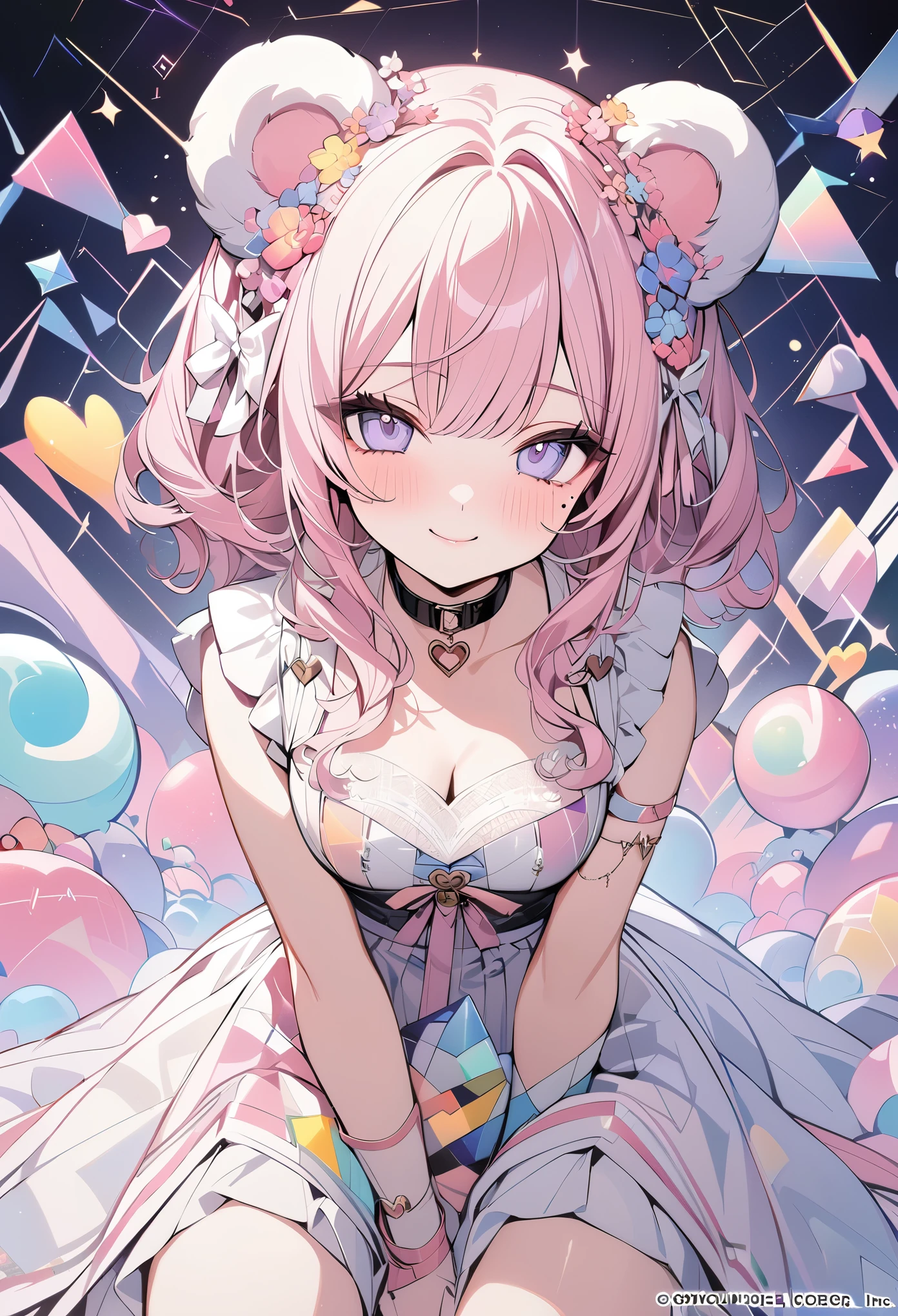 ,beautiful flower々),mole under eye, heart shaped choker, (masterpiece, highest quality), official art, beautiful and aesthetic: 1.2), (1 girl), very detailed, (geometry art: 1.3), colorful、pink bob hair、bear ears、 whole body、smile
