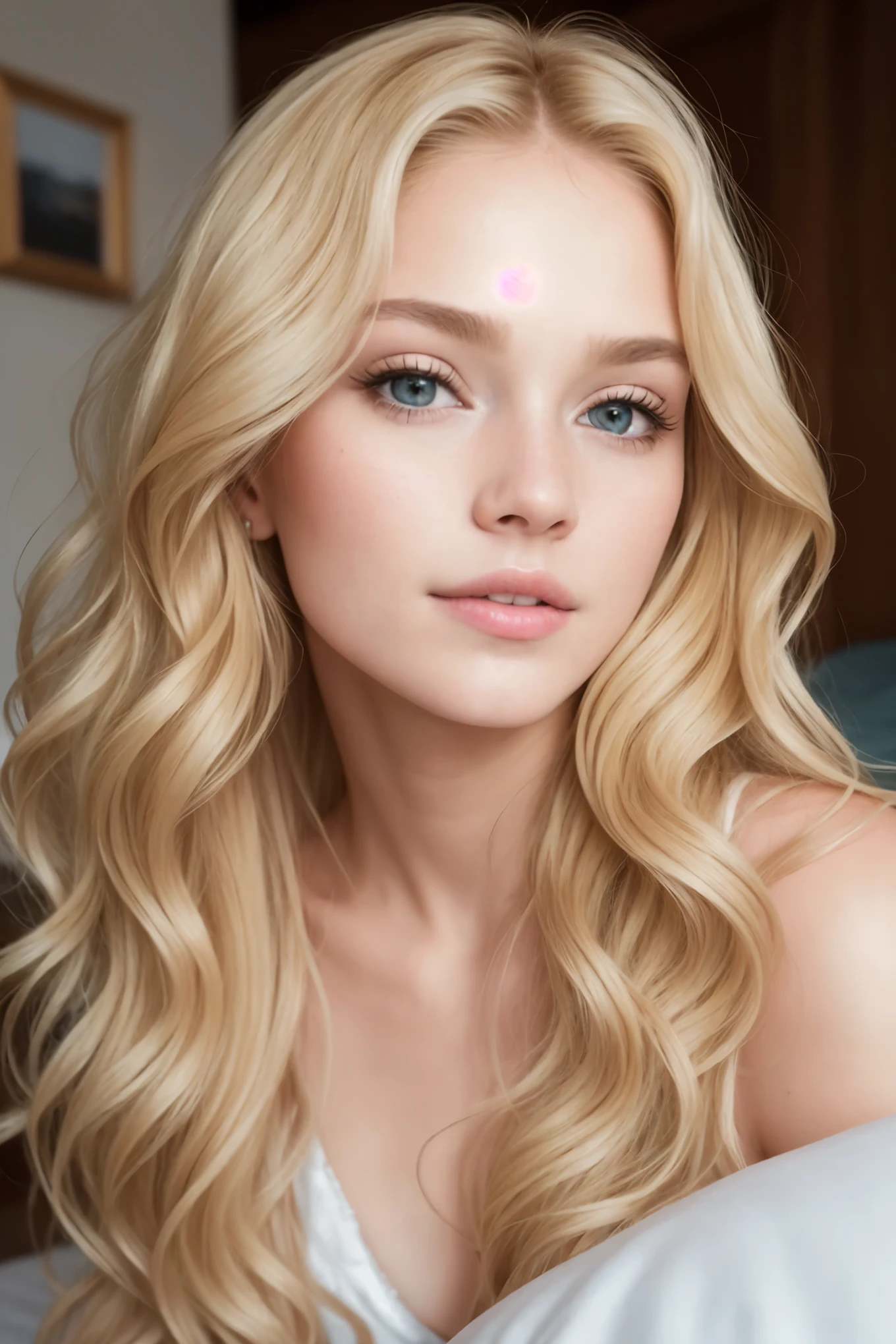 Blonde girl, solo, (25-year-old:1.3), beautiful woman, (Extra long wavy blonde hair:1.3), detailed face:1.2), ((detailed facial features:1.3)), finely detailed skin, pale skin, ((Portrait:1.3)), wrapped in a sheet, Bedroom environment, (reclining on the bed:1.3), (cold color scheme:1.2), moist, reflective surface, (Realistic:1.3), (high resolution:1.3), ((Photorealistic:1.4)), masterpiece, realistic detail, photographed with a Canon EOS R5, 