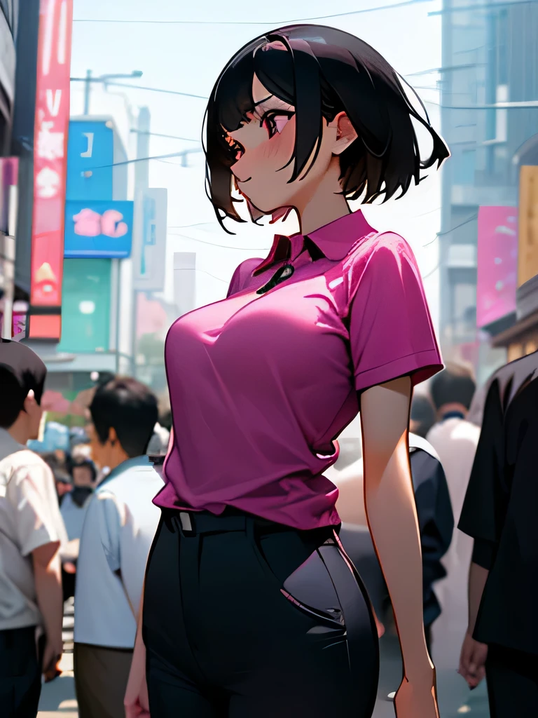 40&#39; No bra, lower body, Japanese, very short, pubic hair, transparent, beautiful breasts, embarrassing, Shyness, worries, Black hair Magenta polo shirt Short sleeves Arms (a large crowd gathers)、(on the streets of tokyo