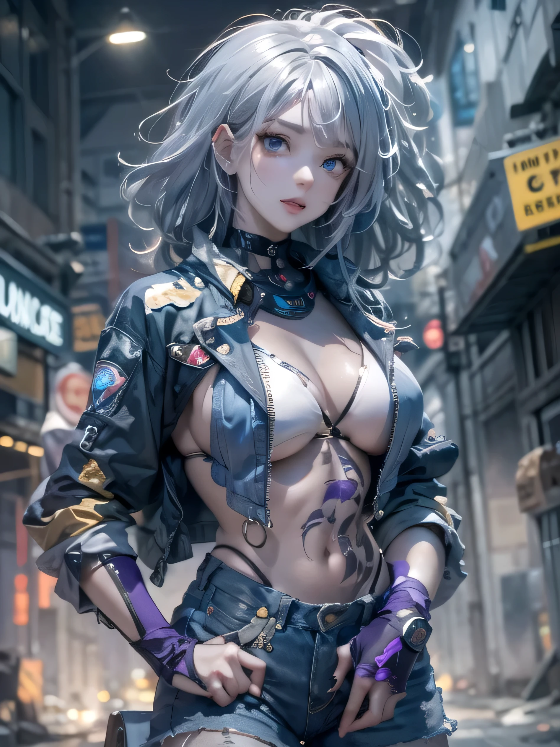 (photorealistic:1.8, highest quality:1.8,8K masterpiece:1.8,High resolution,muste piece:1.8,RAW Photos,cinematic lighting),No split screen, cyber punk、Back alley of the city at night、rain-soaked ground、vapor、 (1 android girl:1.3)、Completely naked、full body tattoo、choker、beautiful breasts、denim shorts、beautiful butt,beautiful thighs,plump nipples、Nipples are visible through the costume,cameltoe,Body painting with a pop design drawn all over the body、pop art design、cutting edge fashion、conceptual art、 (Beautiful shining purple blue white gray gold hair:1.5)、Stoic