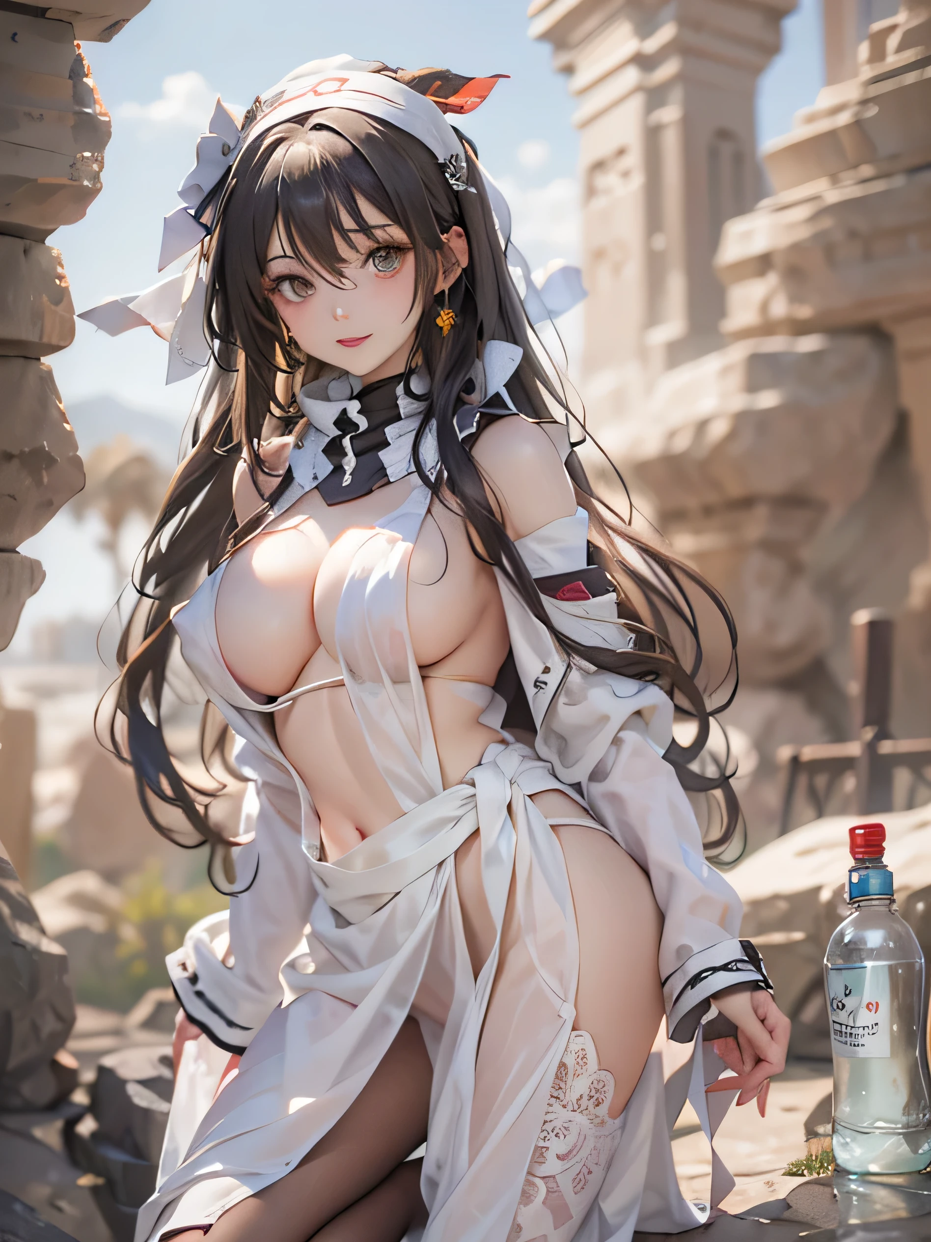 Mature woman with long black hair and white clothes、(desert rock:1.5)、(rest in an oasis:1.2、holding a metal water bottle:1.3、sit with legs spread:1.ga poses、Holding a cross) -foot:1.3、indian style、With arms raised、In front of Arabian ruins:1.2)、Arabic、(apocalyptic:0.2)、From Arknights、Gweiz style artwork、bodiesbian、fine details。girl frontline、beautiful anime illustration、girl frontlineより、Yang J作、wonderful、26 years old、(milf:1.3)、(solo:1.5)、(sfw:1.25)、saggy breasts、huge breasts、big、thin waist、big asade sexy、(dark mahogany medium short hair、up hair、hair above one eye、asymmetrical hair、curly hair、low braidussulman、white scarf、hair band、head bandage、turbaned)、(ultra high resolution) 、8K RAW写真、photorealistic、Thin contours:1.3、clear focus)、highest quality、Natural light、textile shading、blurred background、Depth of the bounds written、Bokeh、(bright pupils、Beautiful detailed eyes with highlights:1.2、high definition face)、red lip、look away:1.3、(dynamic angle:1.2、front:1.2、chest focus:1.3、From above:1.1)、dynamic posing、(sexy pose:1.2、leaning forward)、enchanting smile:1.2 、central image、(dressed in white long jacket、wearing a white coat、((Naked breasts:1.37))、platinum ornaments、I'm wearing white clothes around my waist、camel brown leather long boots:1.3、translucent lace pantyhose)、((correct anatomy:1.5))、((outdoor:1.2、at night:1.3))