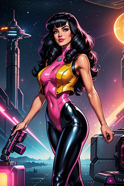 Best quality, 8K,sci-fi retro futurism woman, beautiful and detailed face, black curly long hair, bangs,big eyelashes,little smile,imperial tech vest over shiny pink LATEX leotard, ligh tan pantyhose,holding with two hands one big laser gun,walking to observer,sci-fi RETRO SPACESHIP scenario