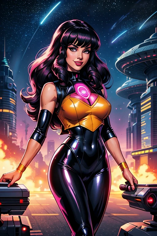 Best quality, 8K,sci-fi retro futurism woman, beautiful and detailed face, black curly long hair, bangs,big eyelashes,little smile,imperial tech vest over shiny pink LATEX leotard, ligh tan pantyhose,holding with two hands one big laser gun,walking to observer,sci-fi RETRO SPACESHIP scenario