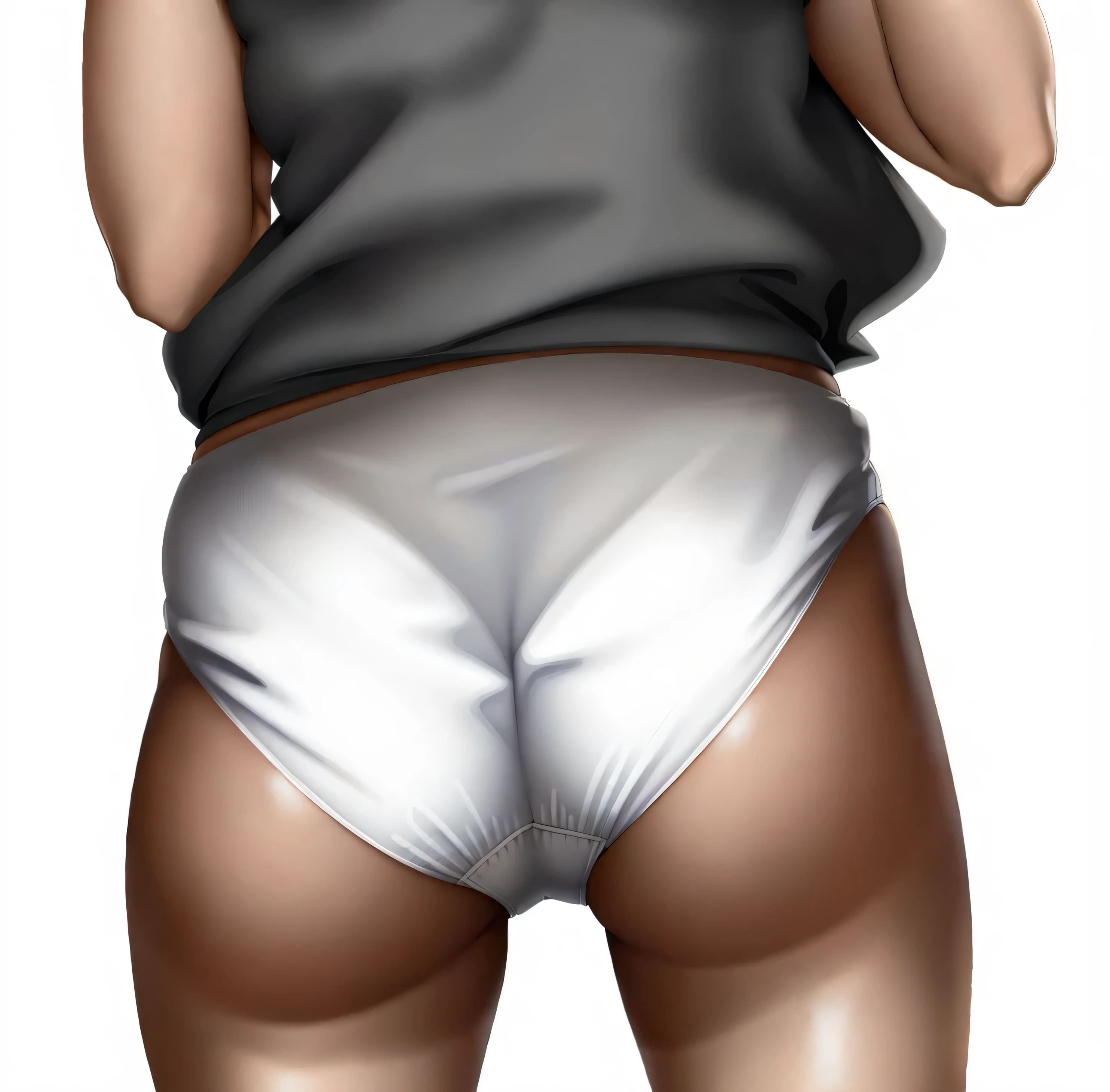 ((masterpiece, best quality)), ((33 year old)), (((Curvy))), ((Black woman)), in ((white fullback cotton panties)), beige shirt, ((Large hips)), cropped shot, (((realistic art style)))