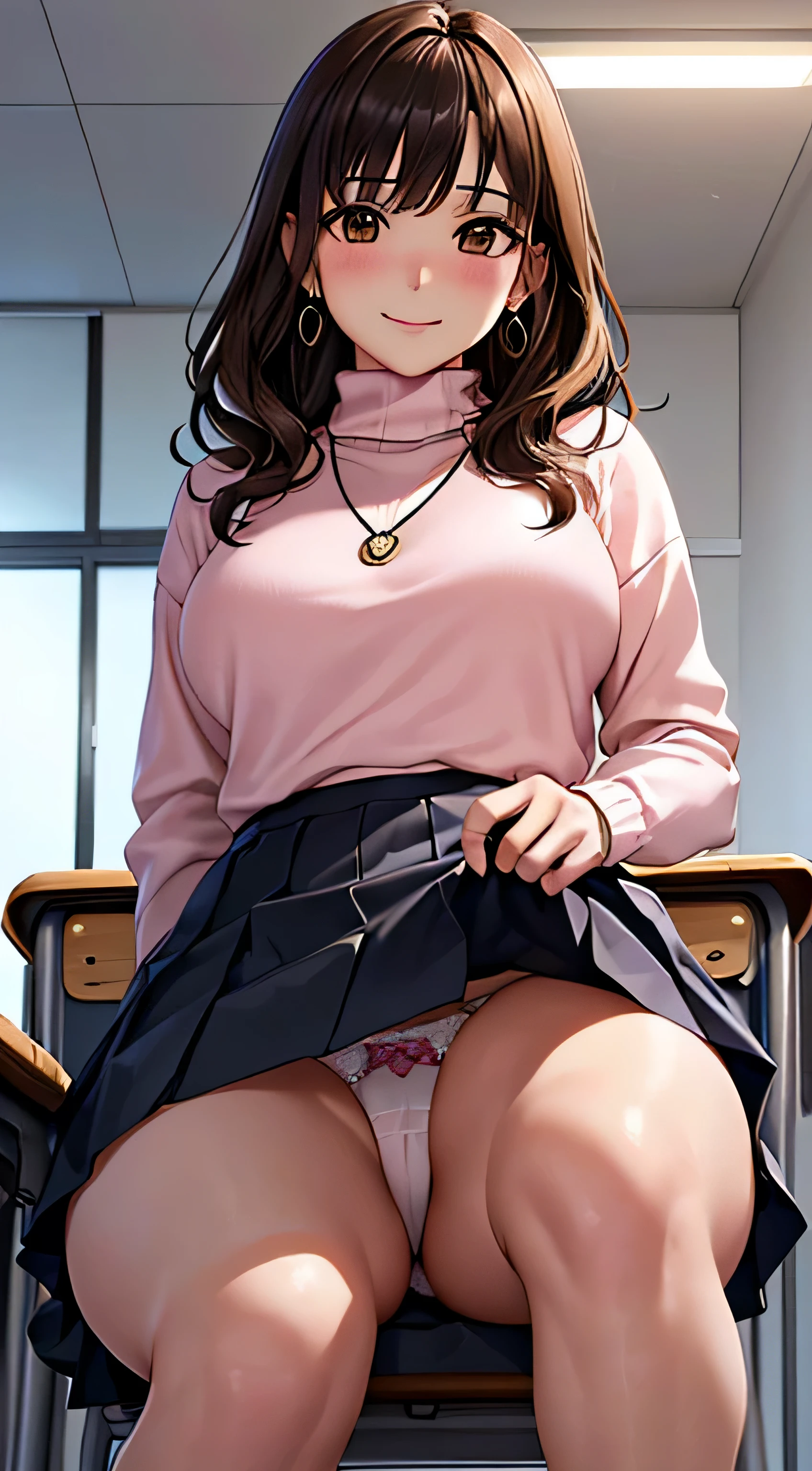 (table top, highest quality, High resolution, , perfect pixel, 4k,), 1 girl, single, alone, Beautiful woman、I could see the whole body、 ((wavy mid-length hair, bangs, brown hair)), ((brown eyes, beautiful eyelashes, realistic eyes)), ((detailed face, blush:1.2)), ((smooth texture:0.75, realistic texture:0.65, realistic:1.1, Anime CG style)), medium breasts, dynamic angle, perfect body, ((, female teacher, , earrings、necklace、turtleneck sweater、、black knee high stockings、pleated skirt、((open both legs wide))、、shy smile、sit at the podium in the classroom、emphasize the chest)), Upper grade、、、evening、、(You can see the white and pink lace panties、、Lift up your skirt and show your panties、(、)、angle from below)、