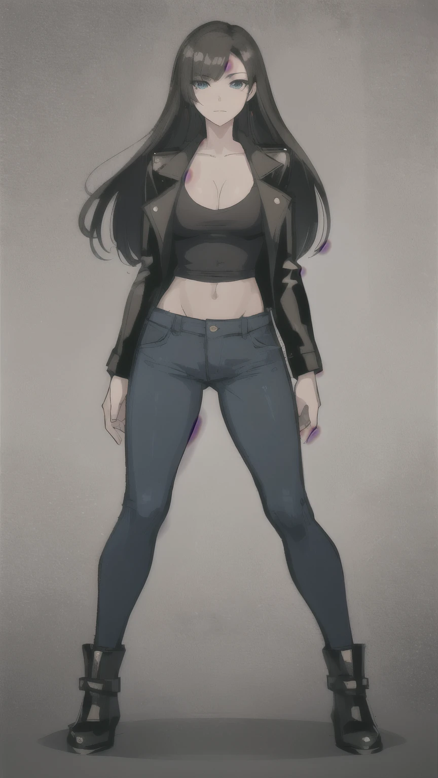 Ilustration for visual novel, hard outilene, soft shadows, MILF woman, black hair, blue eyes, jeans pants and black leather jacket ,solid color yellow background, sexy, long hair (Game asset) ((Full body front view)) 